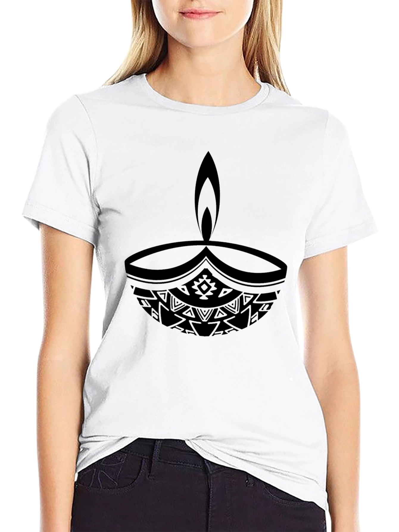 Tribal Diwali Lamp Black T-Shirt