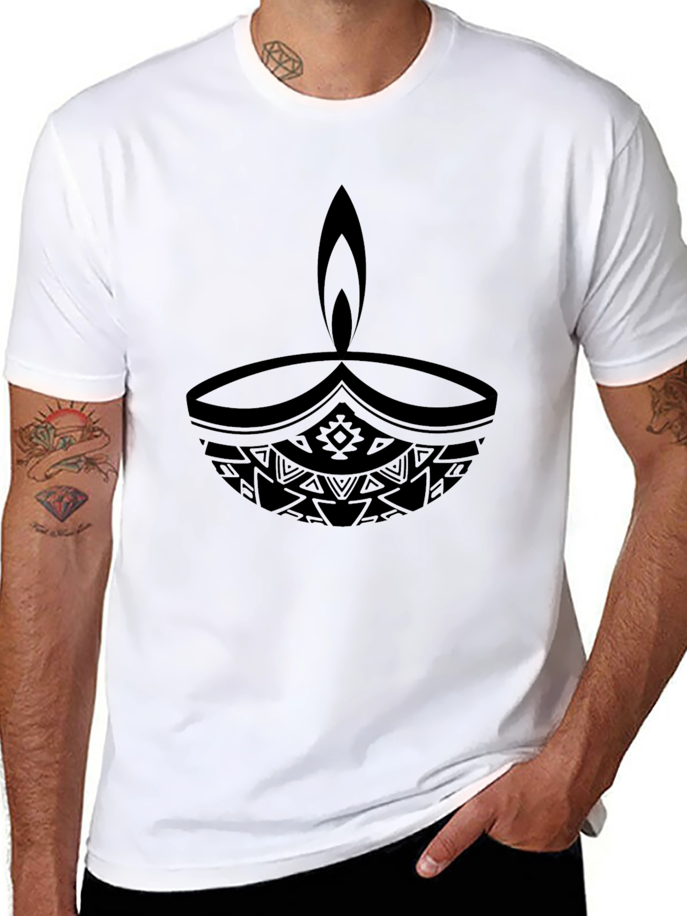 Tribal Diwali Lamp Black T-Shirt