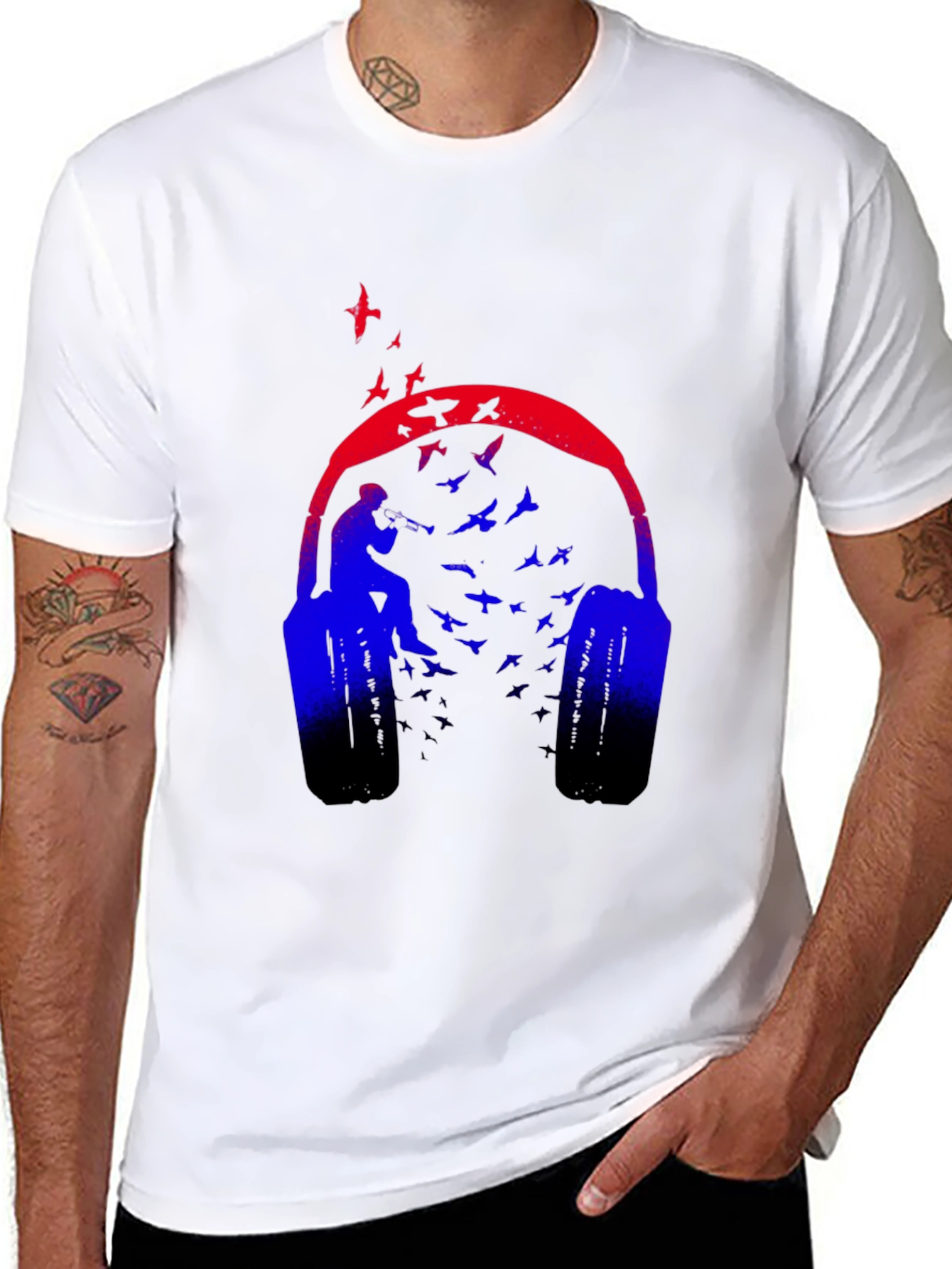 Headphones & Birds Graphic Black T-Shirt