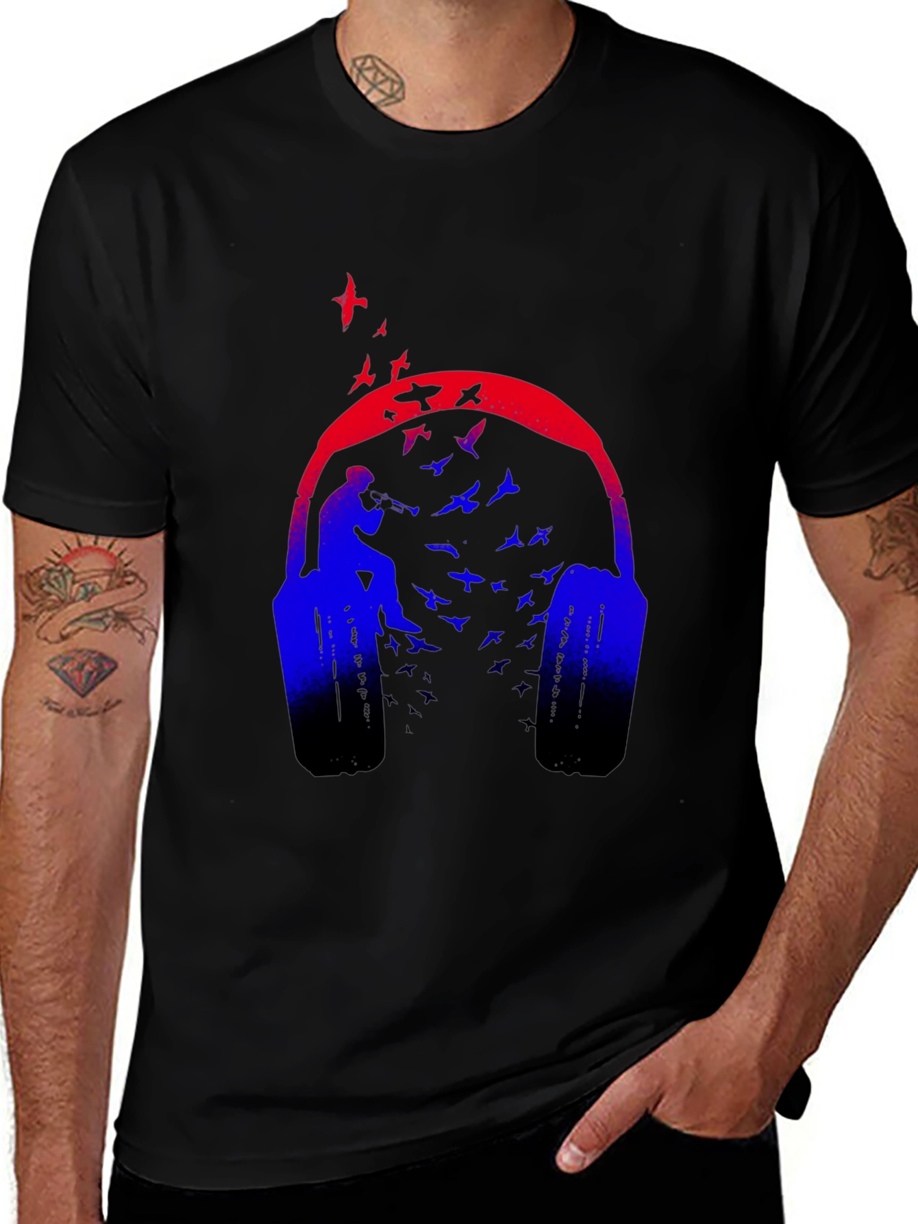 Headphones & Birds Graphic Black T-Shirt