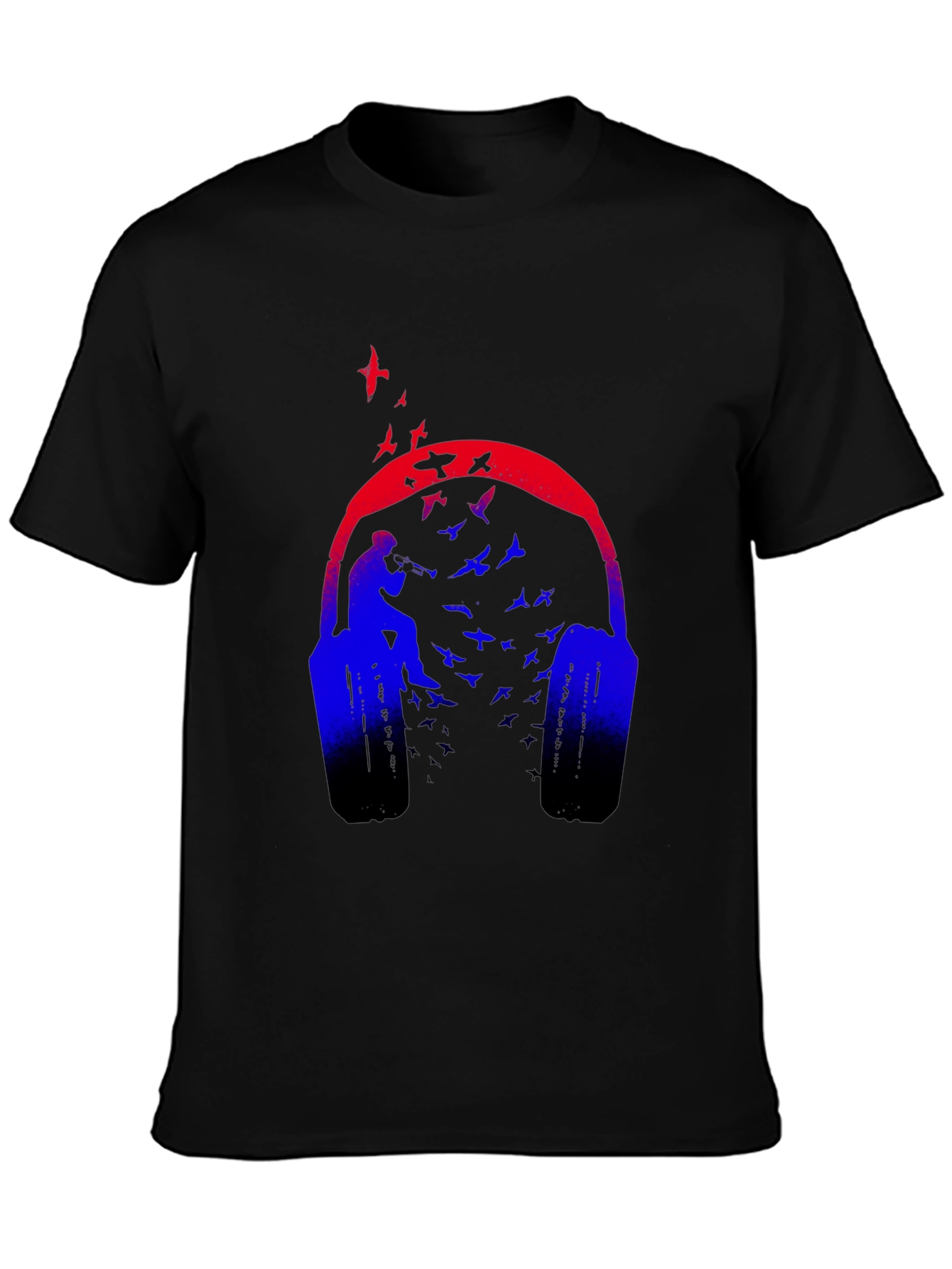 Headphones & Birds Graphic Black T-Shirt
