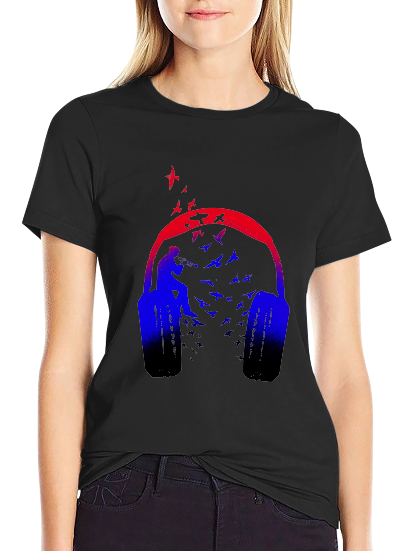 Headphones & Birds Graphic Black T-Shirt