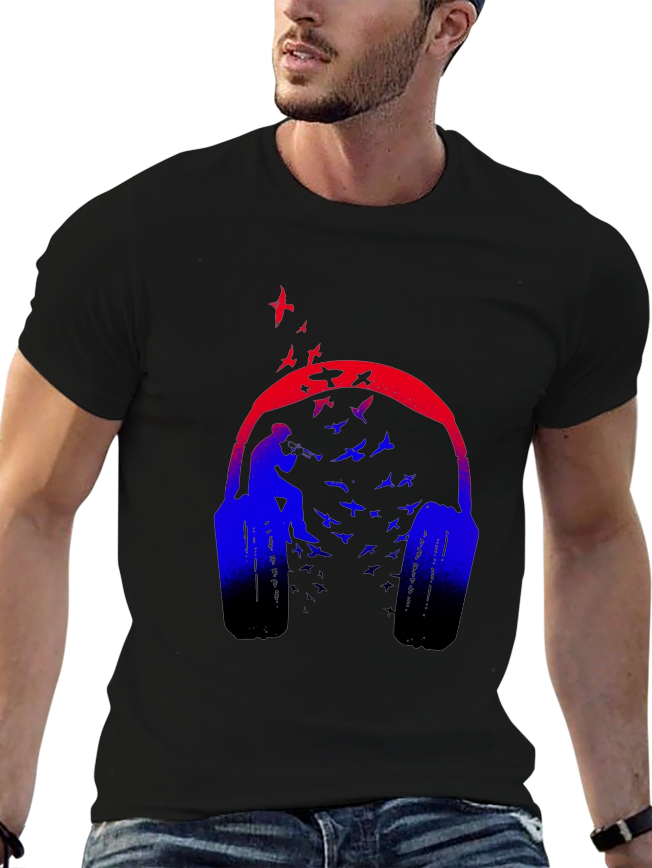 Headphones & Birds Graphic Black T-Shirt
