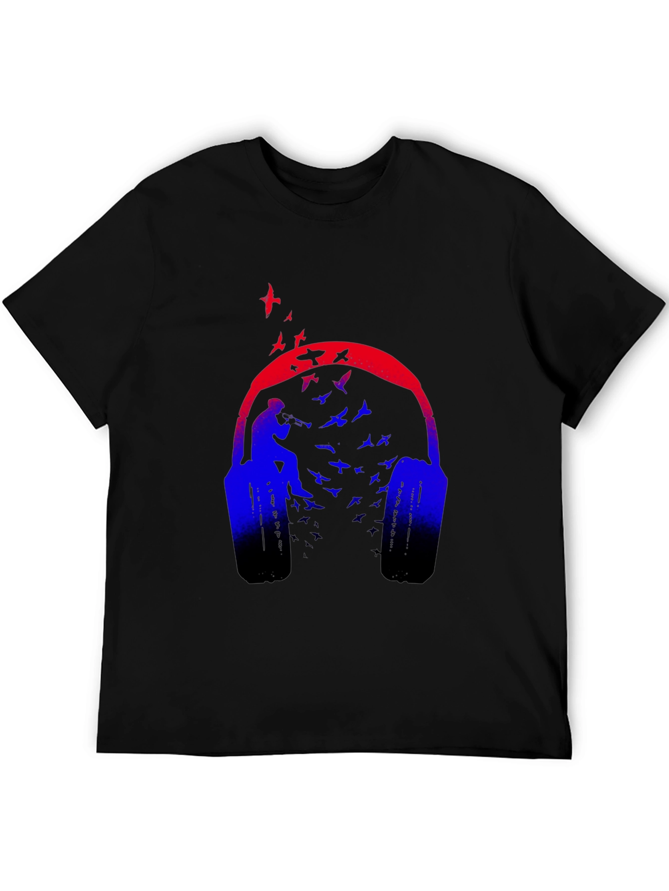 Headphones & Birds Graphic Black T-Shirt