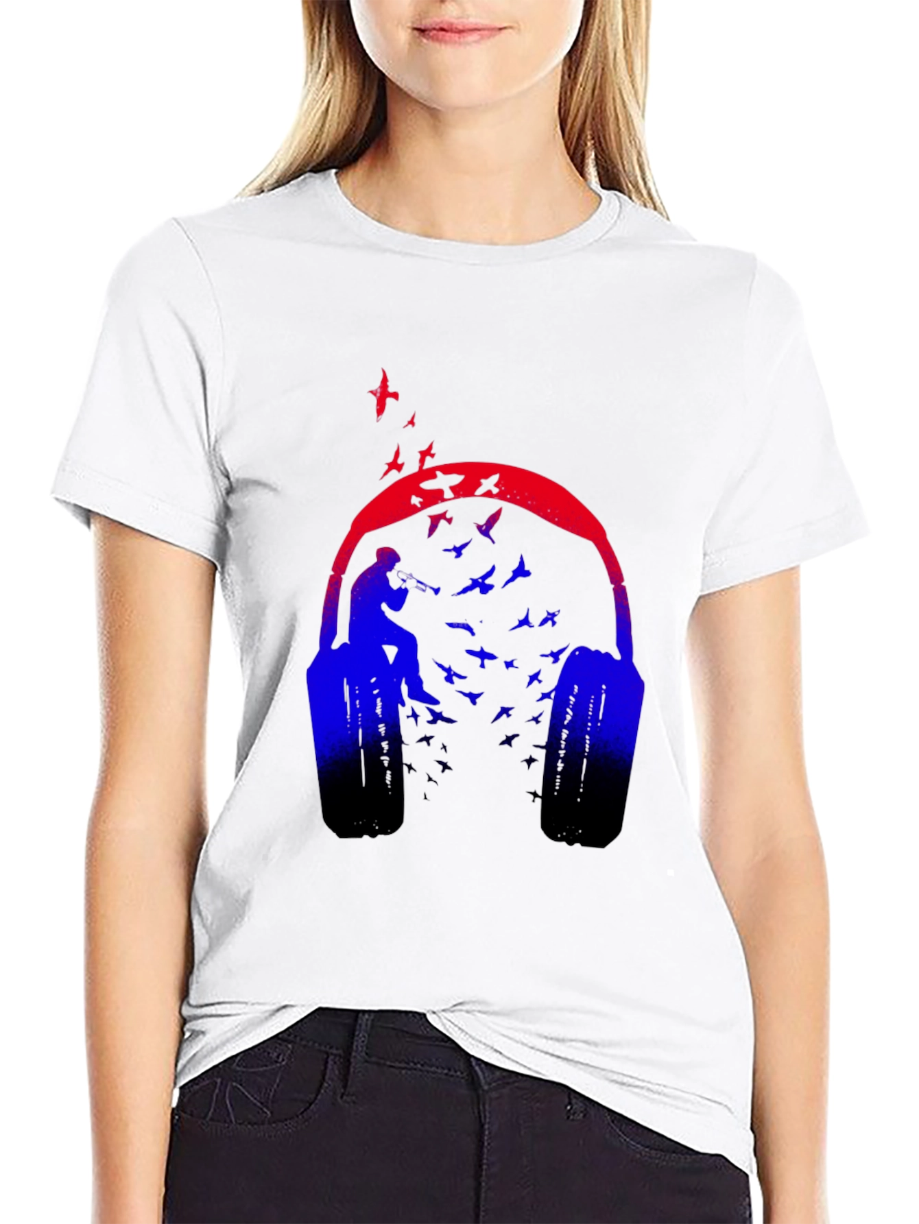 Headphones & Birds Graphic Black T-Shirt