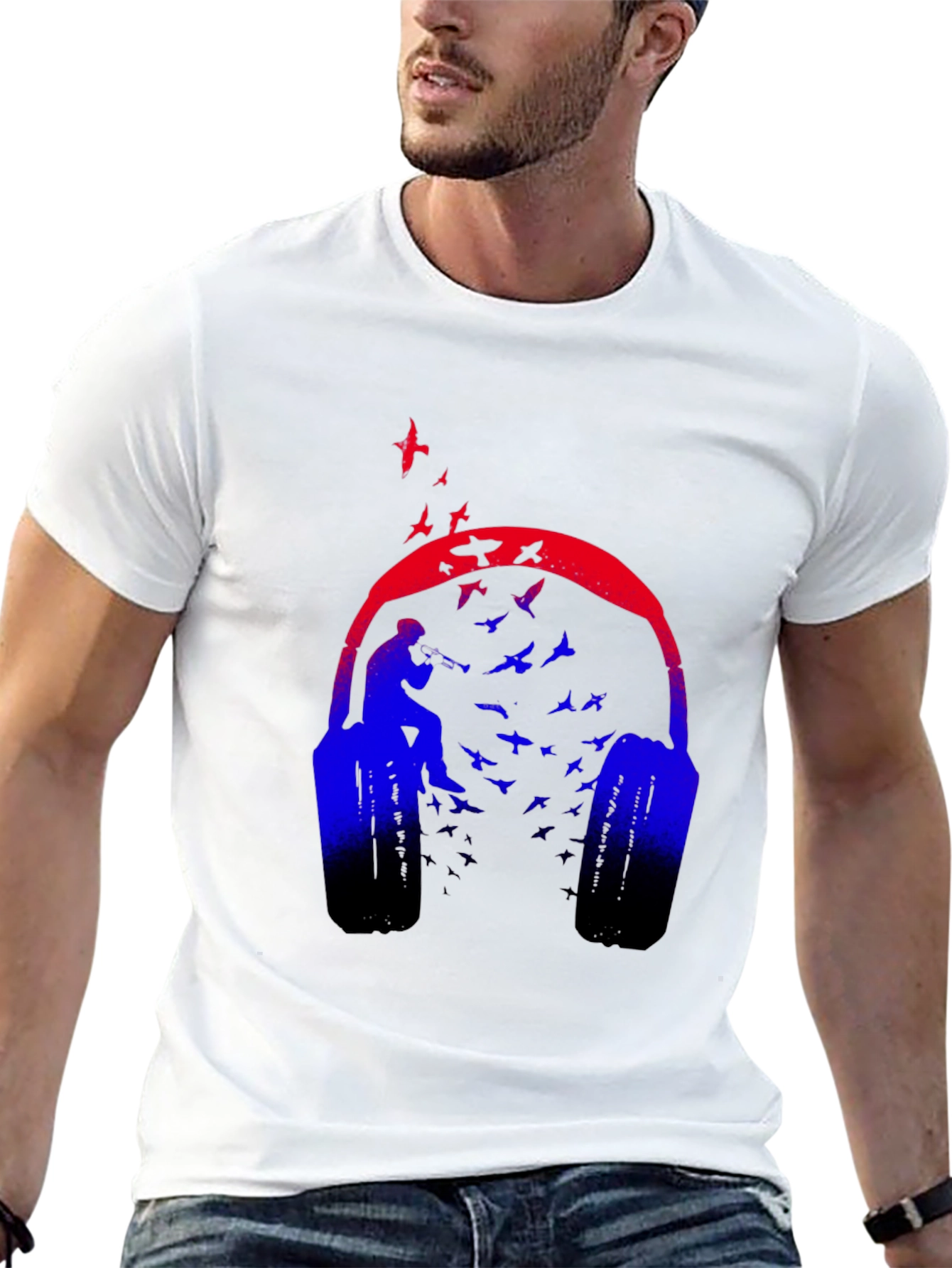 Headphones & Birds Graphic Black T-Shirt