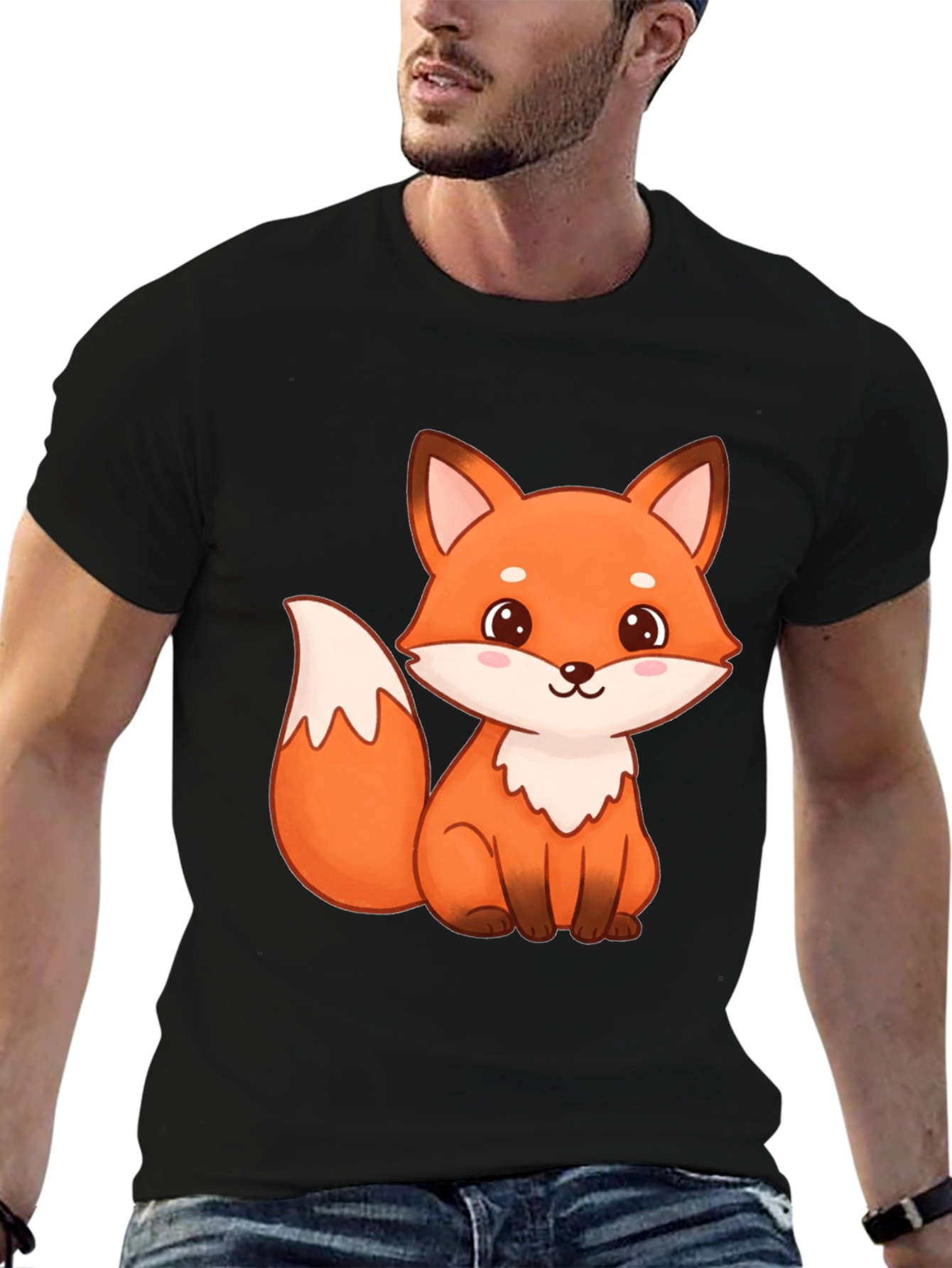 Cute Fox Graphic Print Black T-Shirt