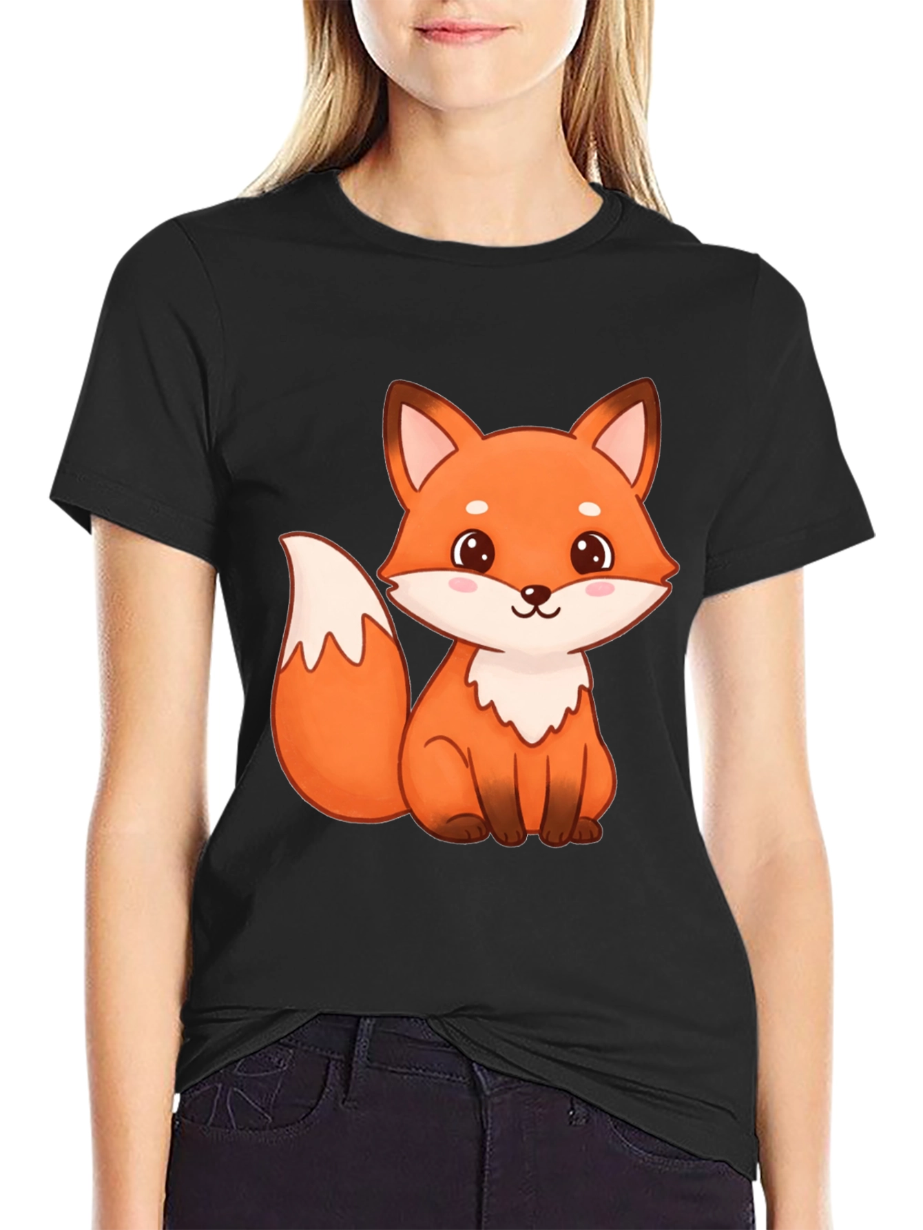Cute Fox Graphic Print Black T-Shirt