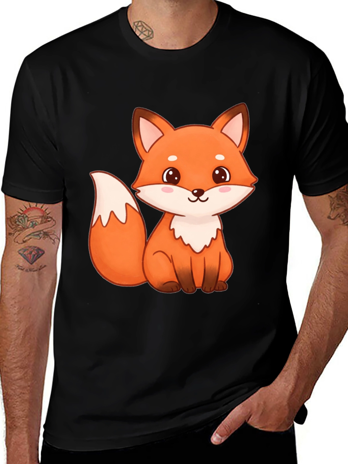 Cute Fox Graphic Print Black T-Shirt