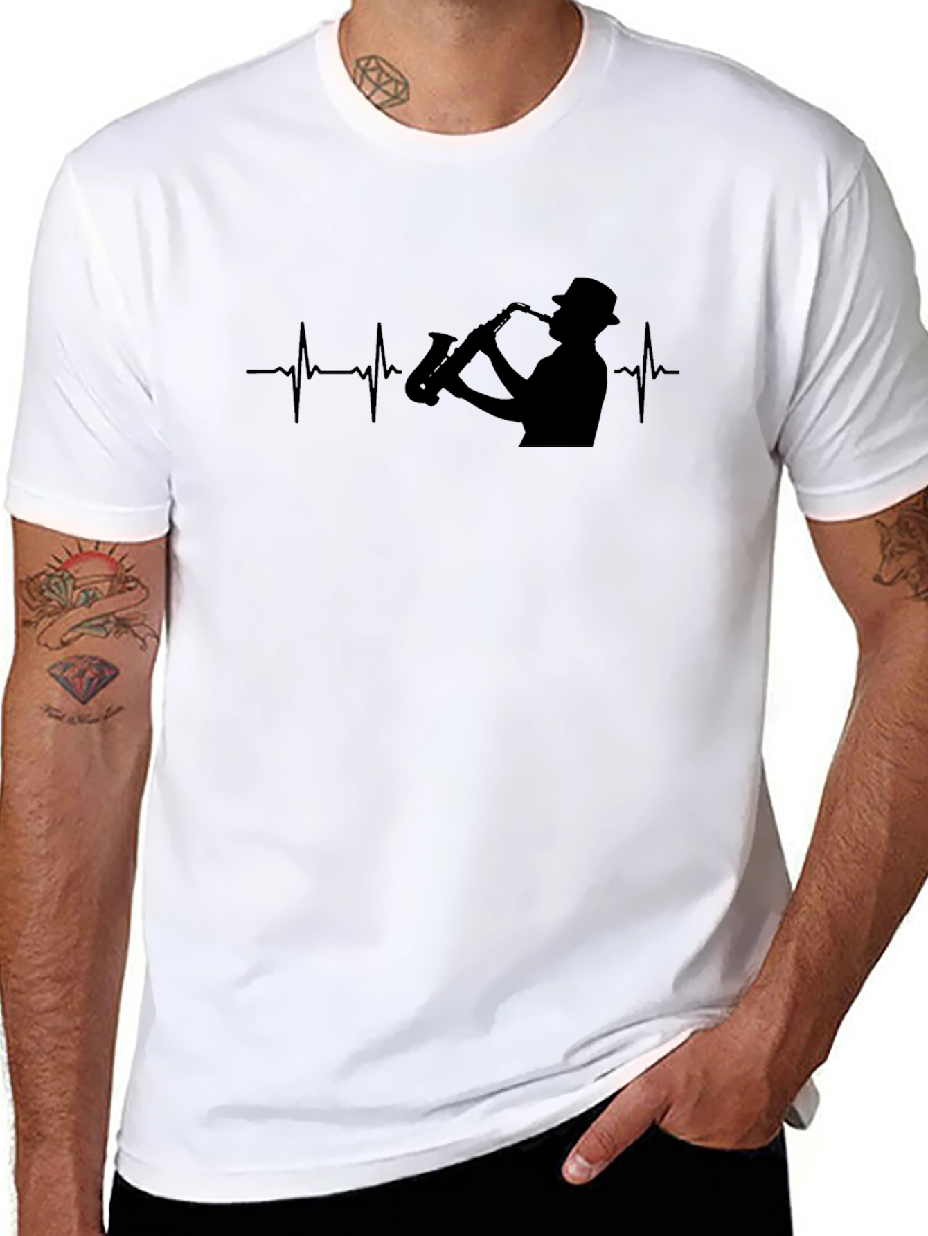Saxophone Heartbeat Black T-Shirt - Musician Tee