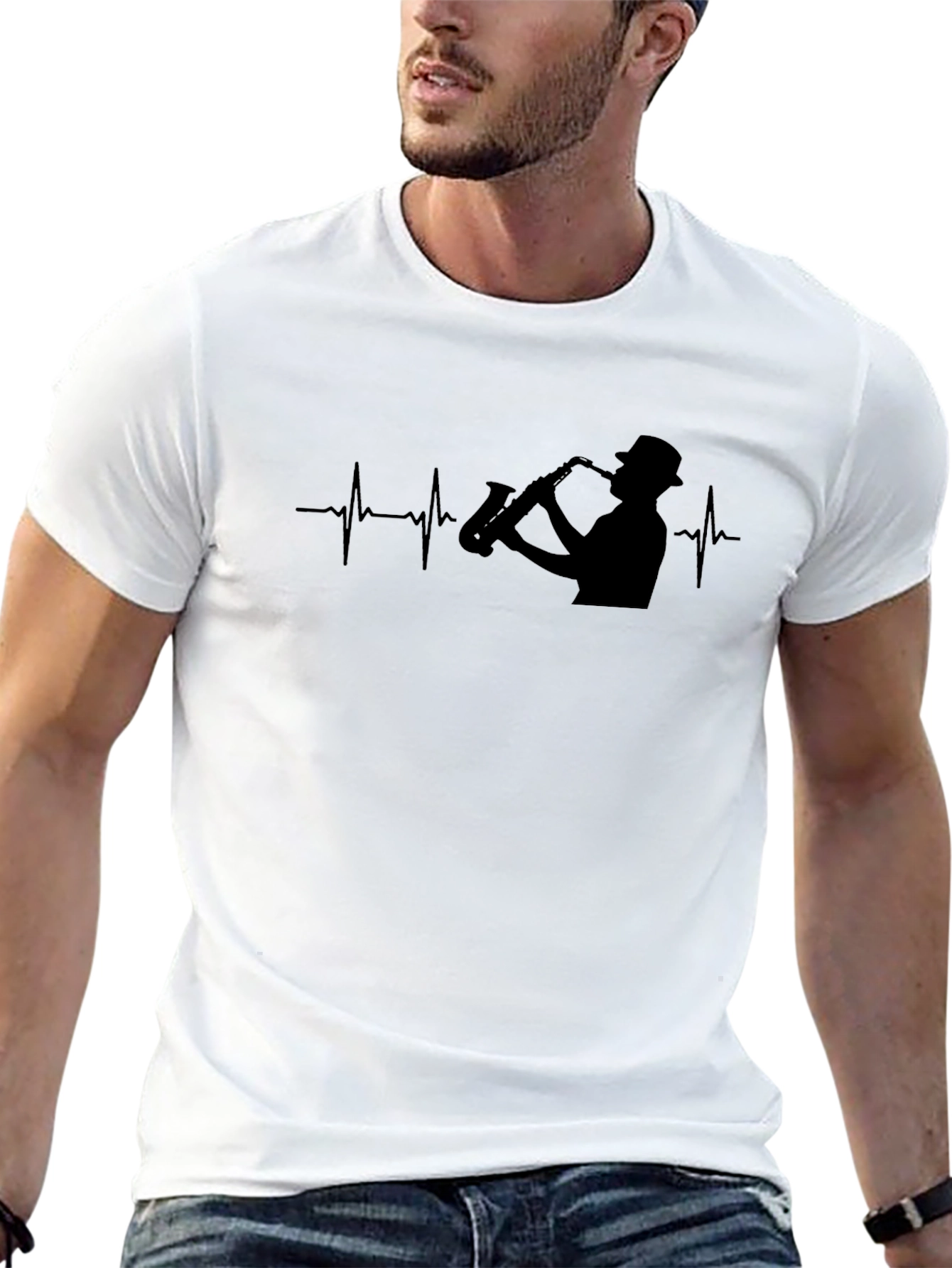 Saxophone Heartbeat Black T-Shirt - Musician Tee