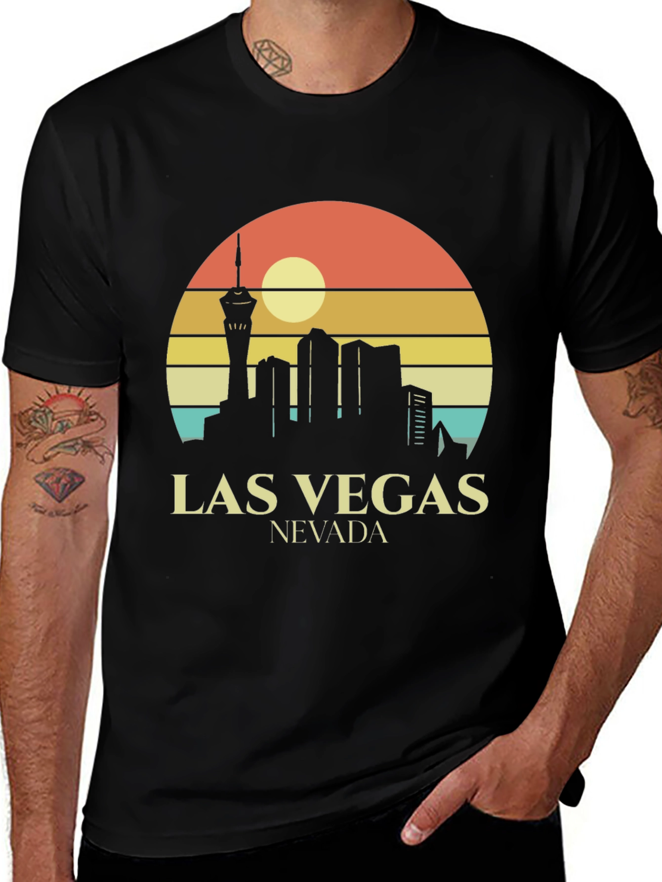 Las Vegas Skyline T-Shirt Retro Style Black Tee