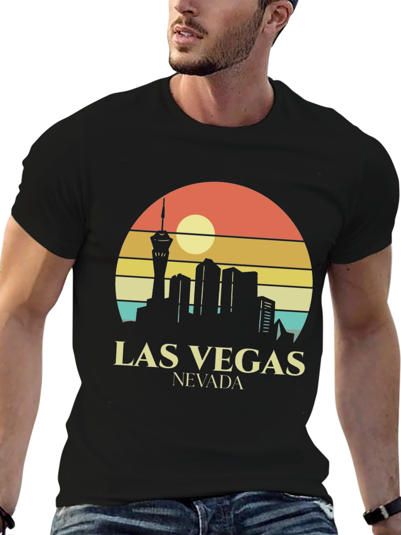 Las Vegas Skyline T-Shirt Retro Style Black Tee