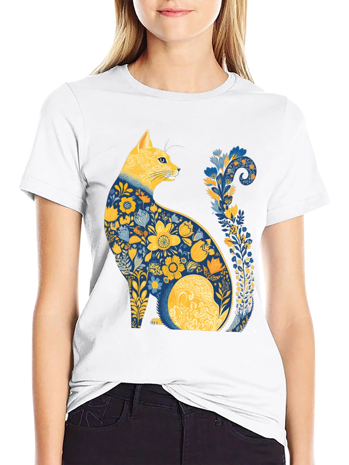 Floral Cat T-Shirt - Unique Artistic Design