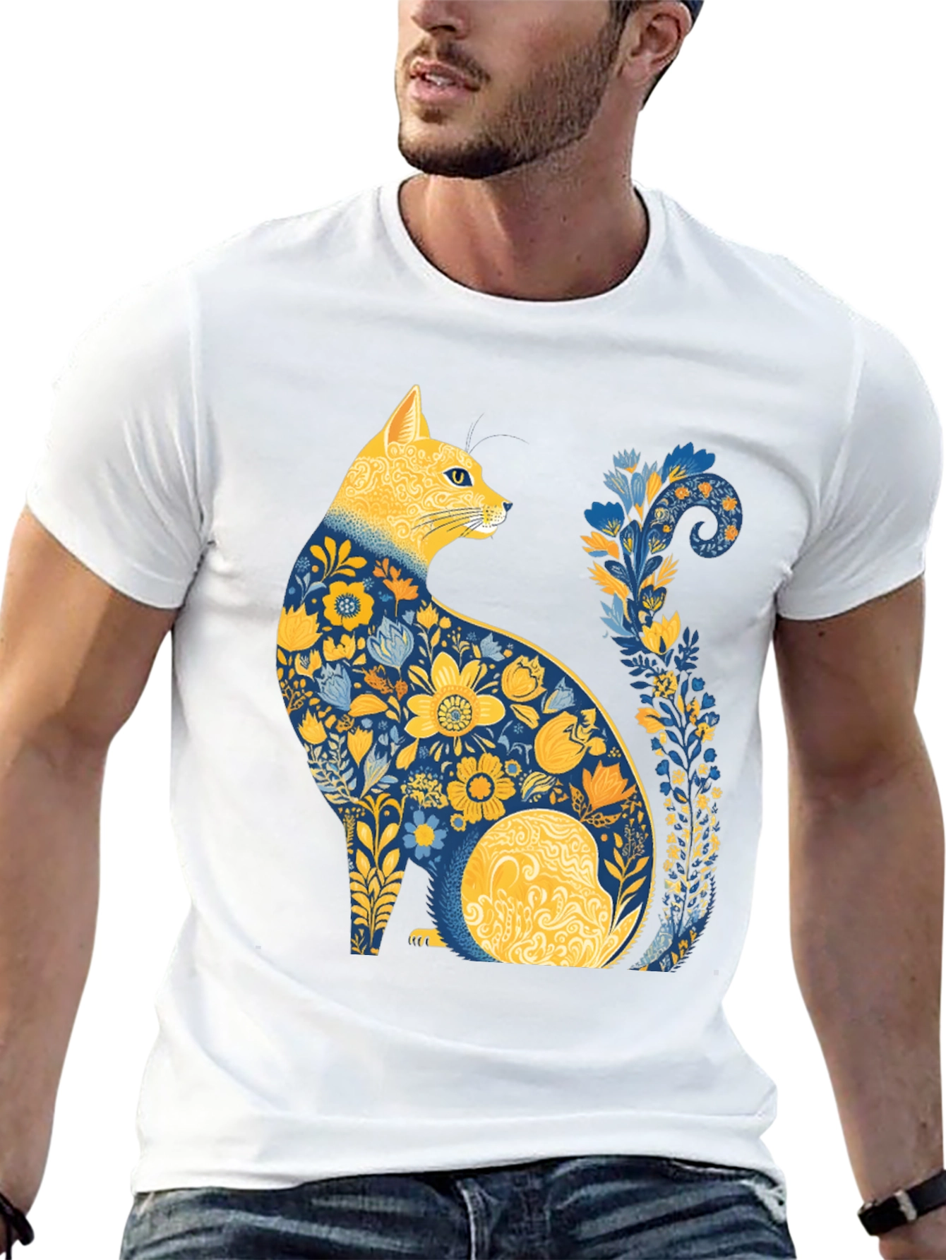 Floral Cat T-Shirt - Unique Artistic Design
