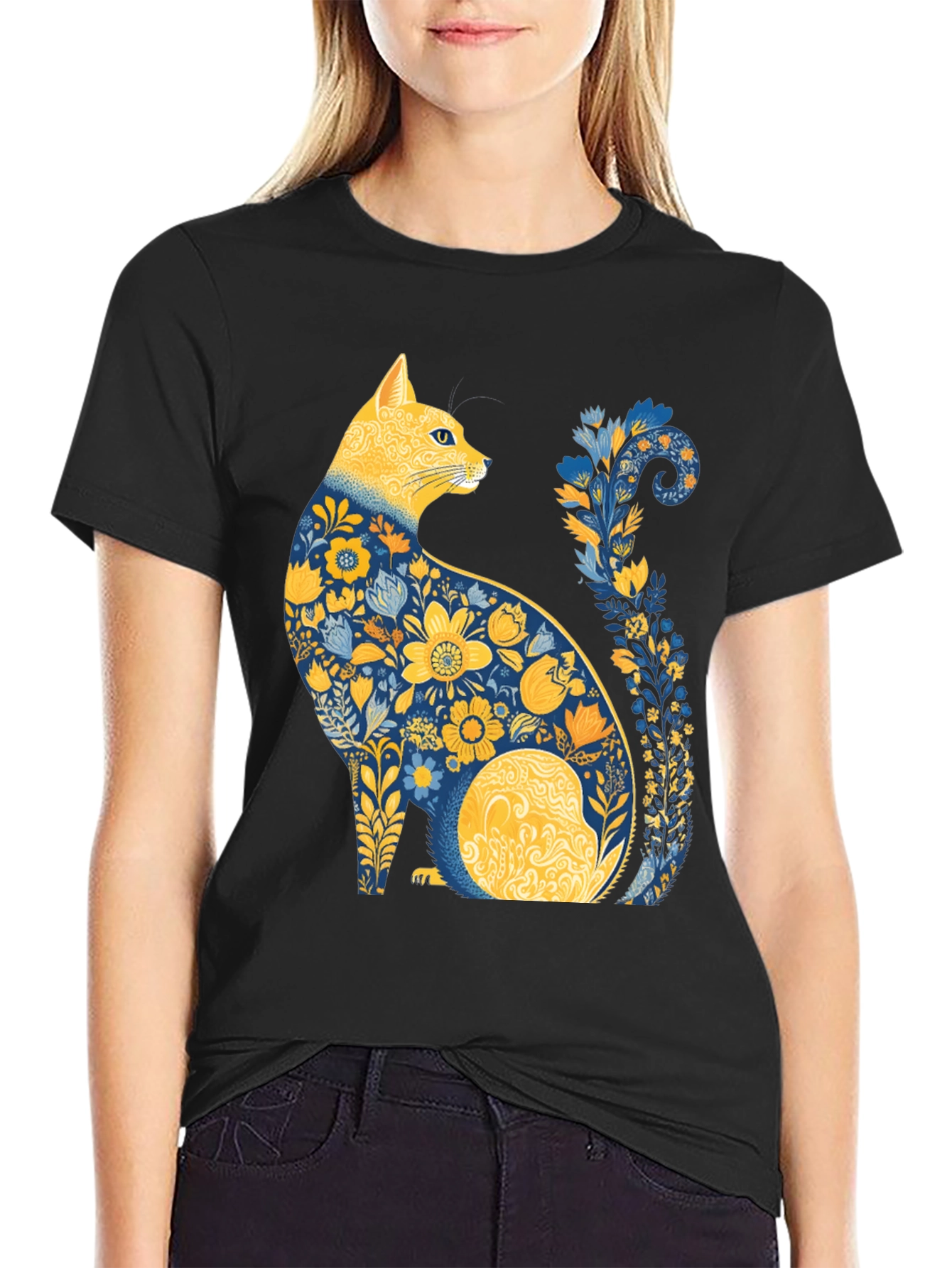Floral Cat T-Shirt - Unique Artistic Design