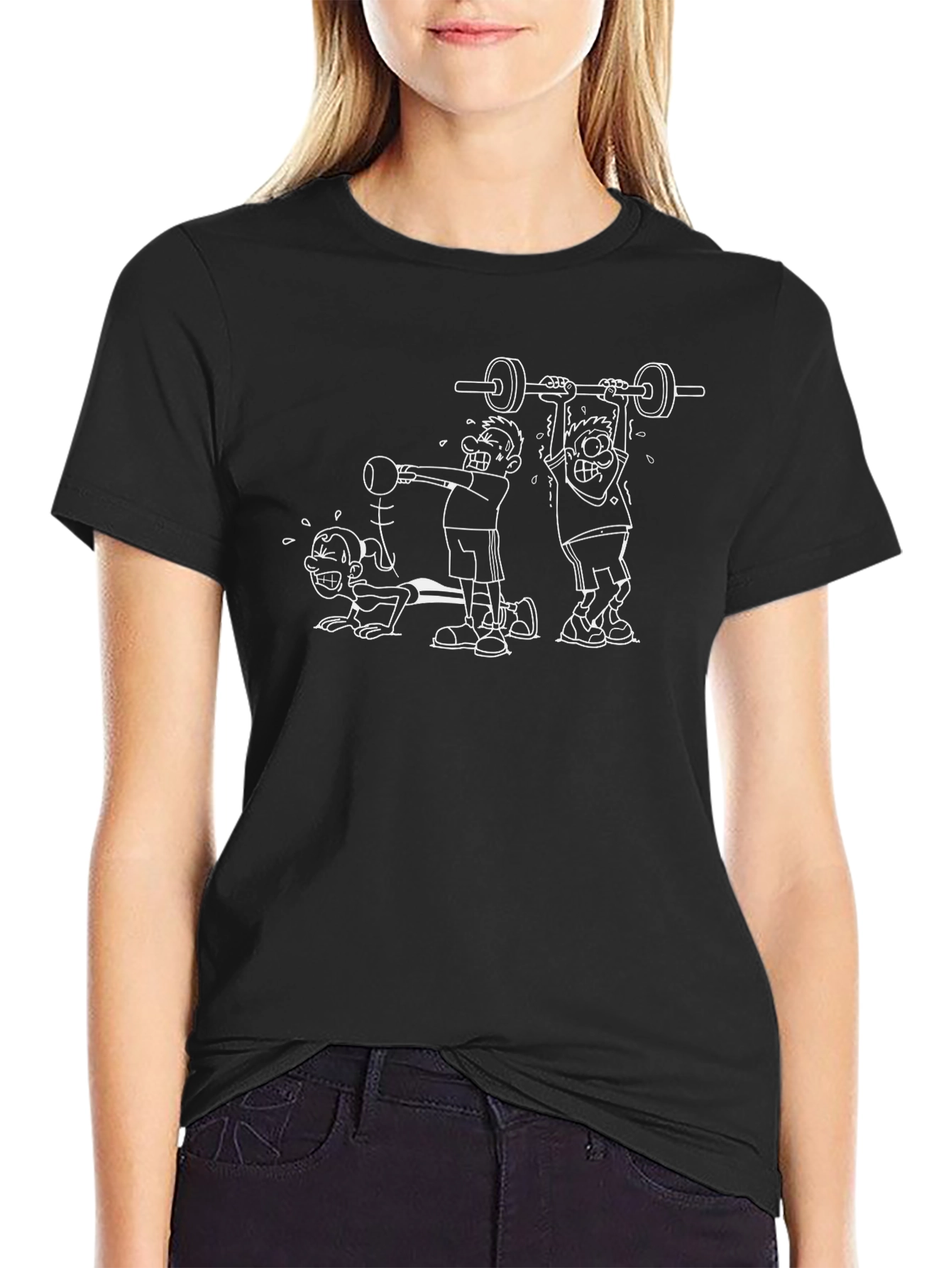 Funny Gym Workout Cartoon Black T-Shirt