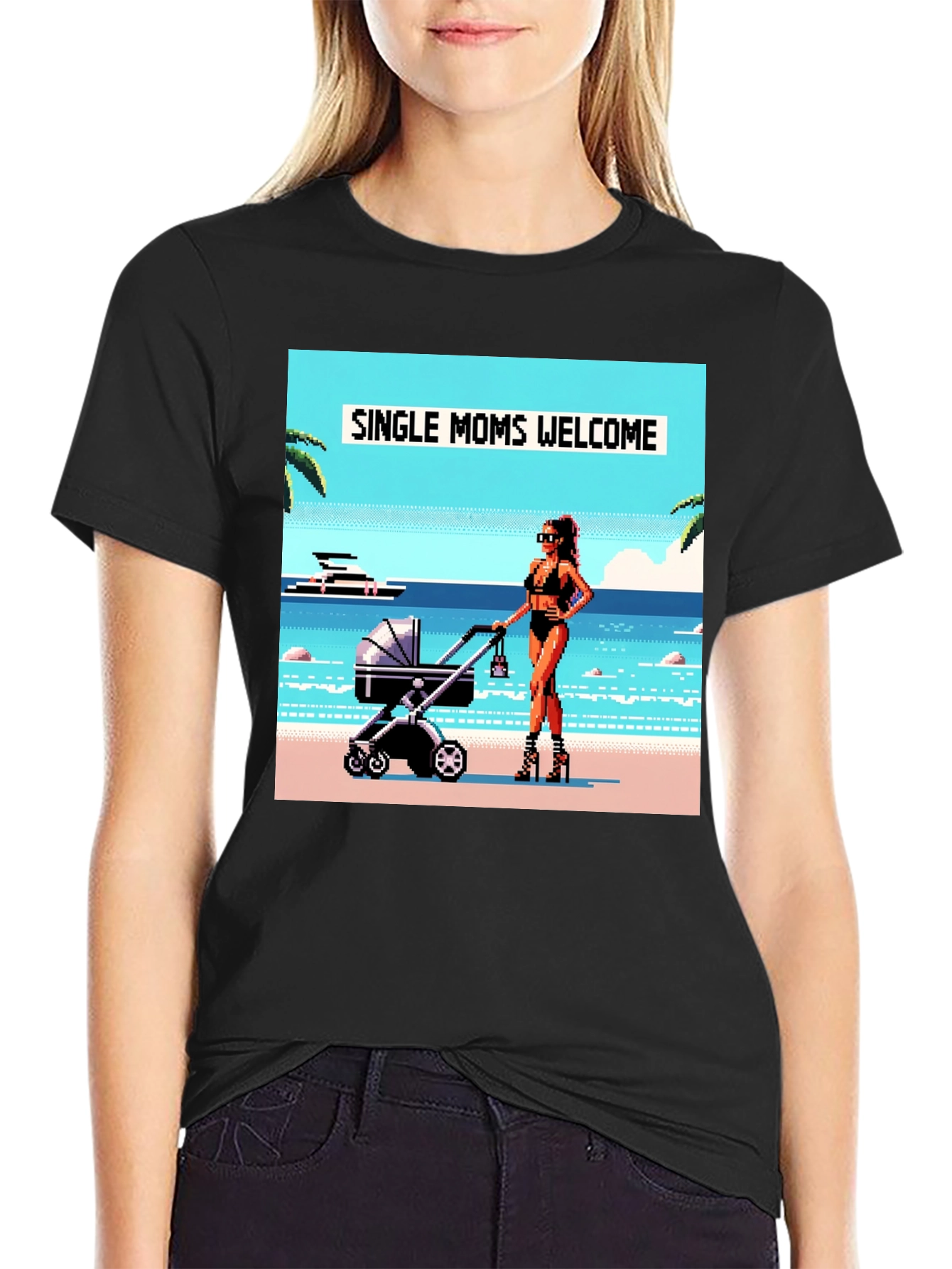 Single Moms Welcome T-Shirt: Beachside Pixel Art Design