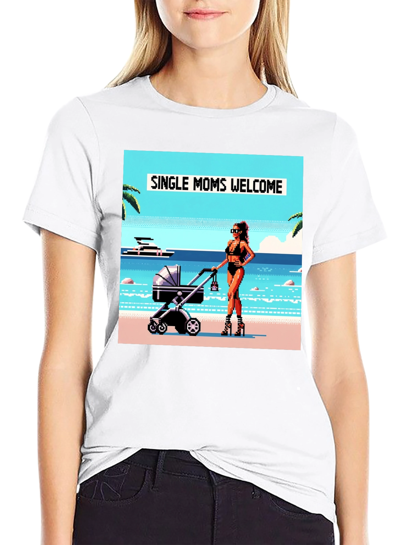 Single Moms Welcome T-Shirt: Beachside Pixel Art Design
