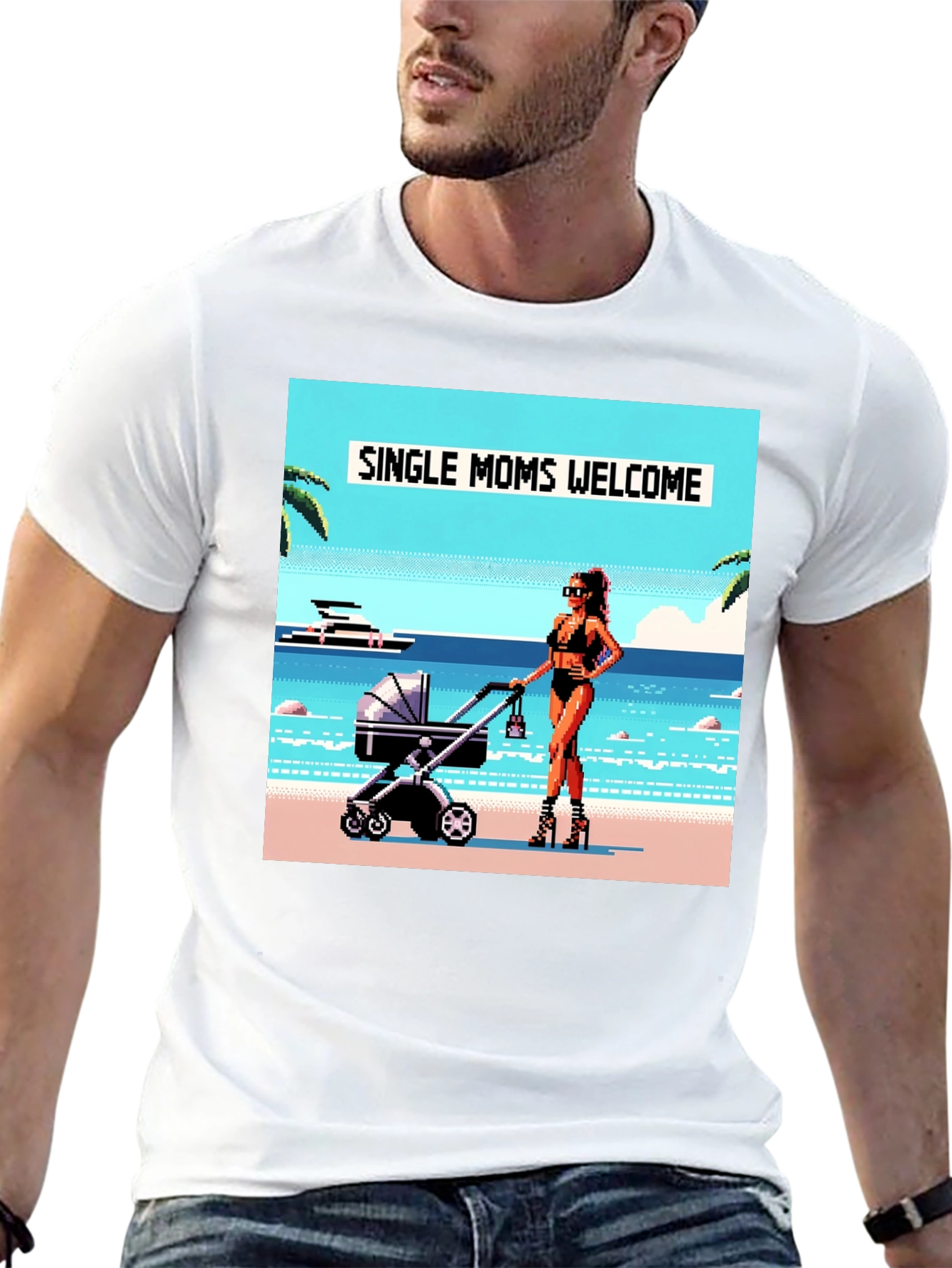 Single Moms Welcome T-Shirt: Beachside Pixel Art Design