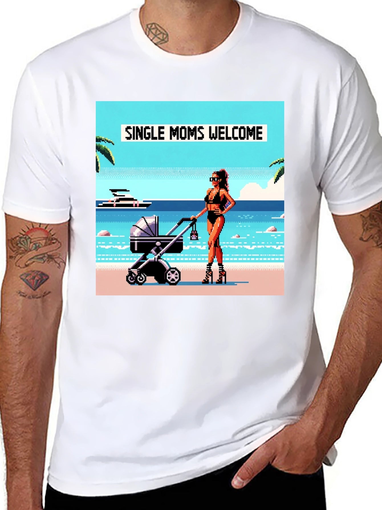 Single Moms Welcome T-Shirt: Beachside Pixel Art Design