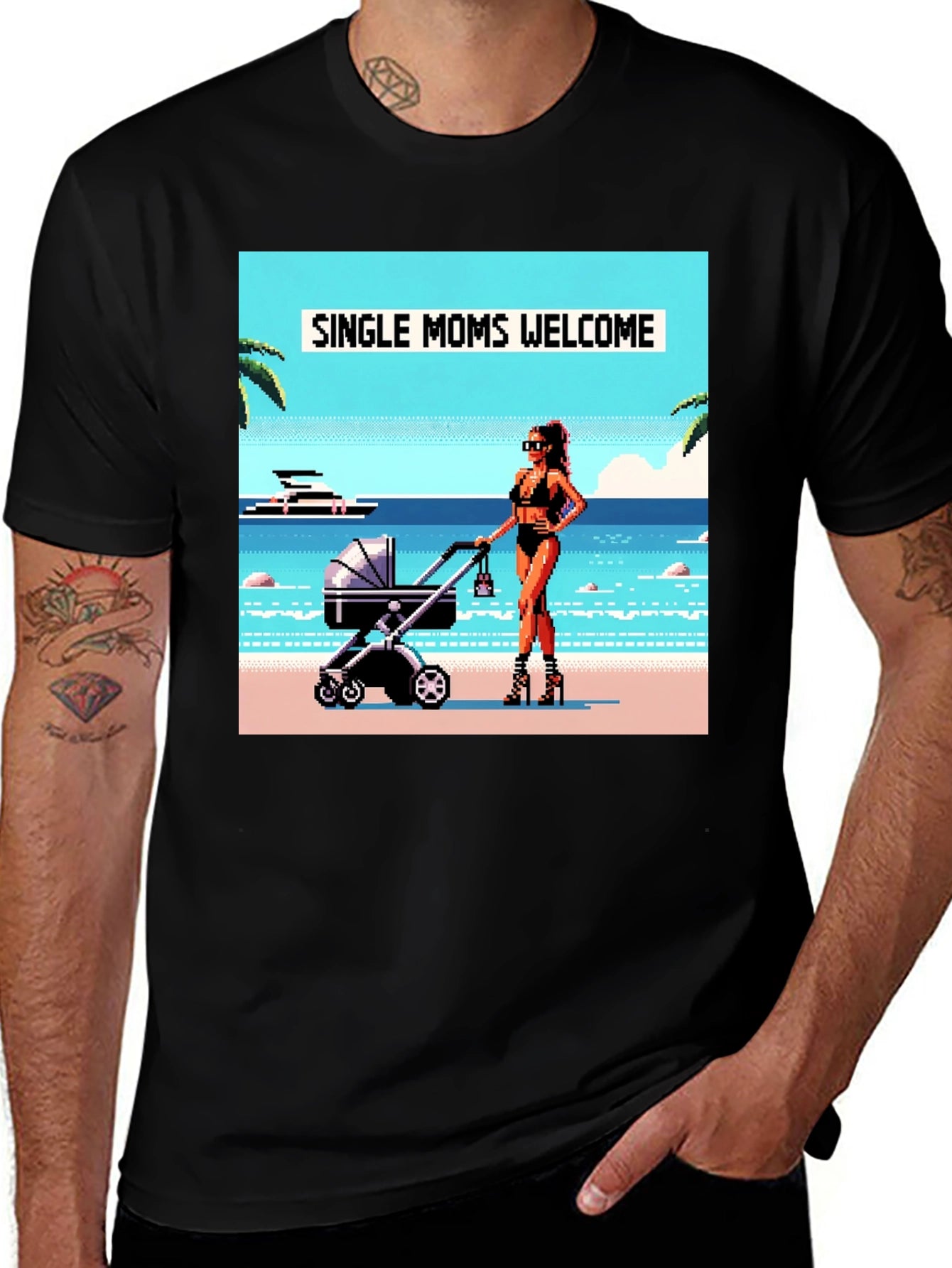Single Moms Welcome T-Shirt: Beachside Pixel Art Design