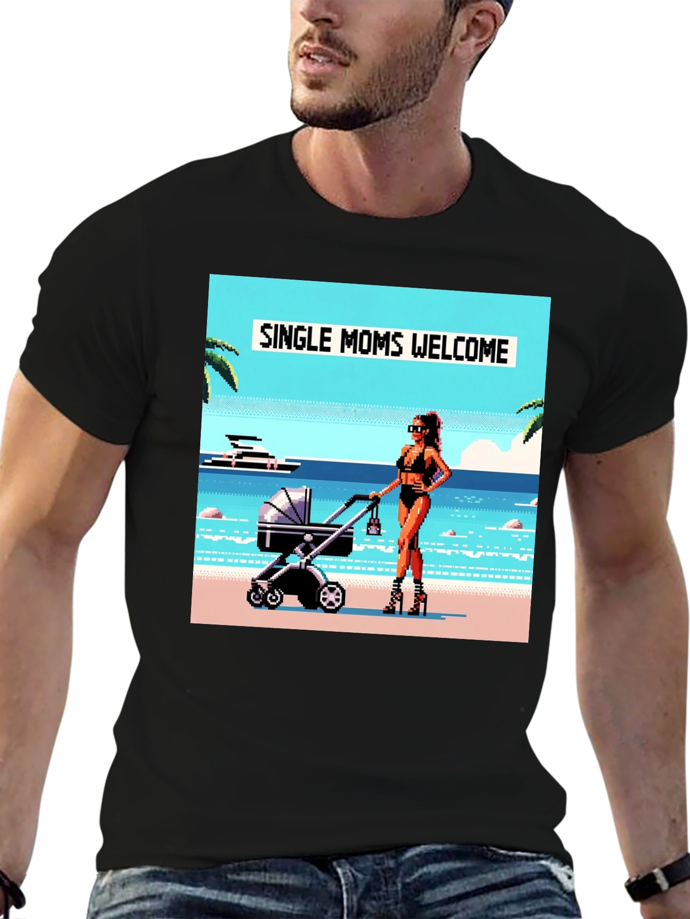 Single Moms Welcome T-Shirt: Beachside Pixel Art Design