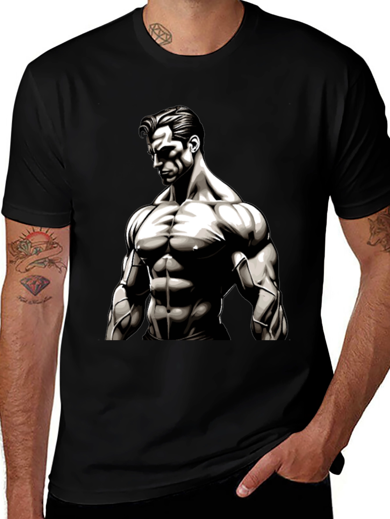Muscle Graphic Print Black T-Shirt