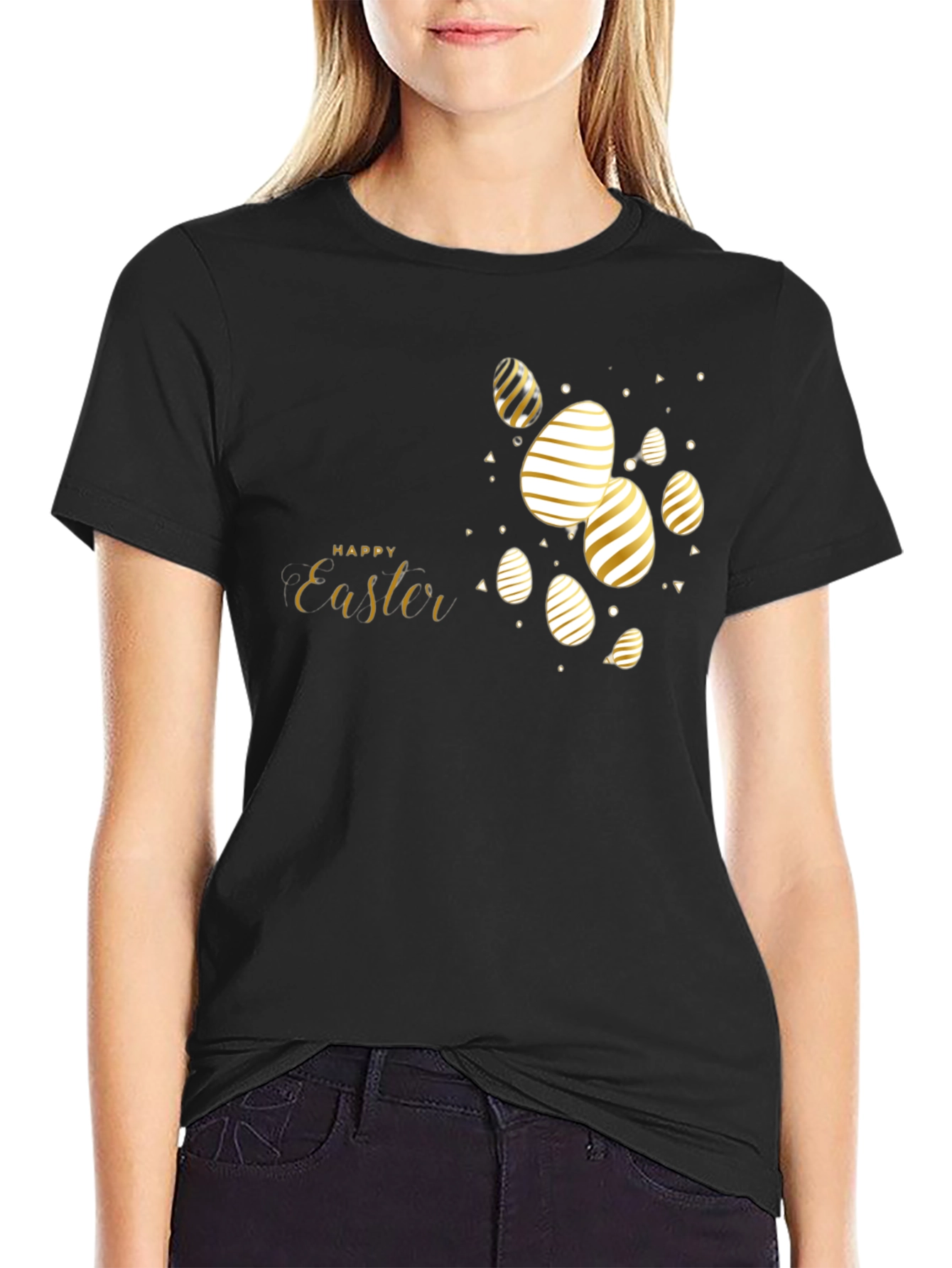 Happy Easter Black T-Shirt with Gold Eggs