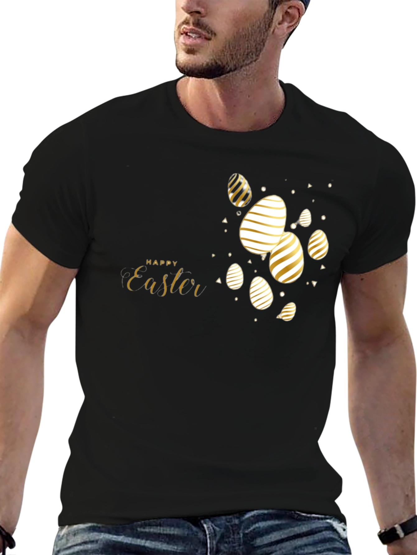 Happy Easter Black T-Shirt with Gold Eggs