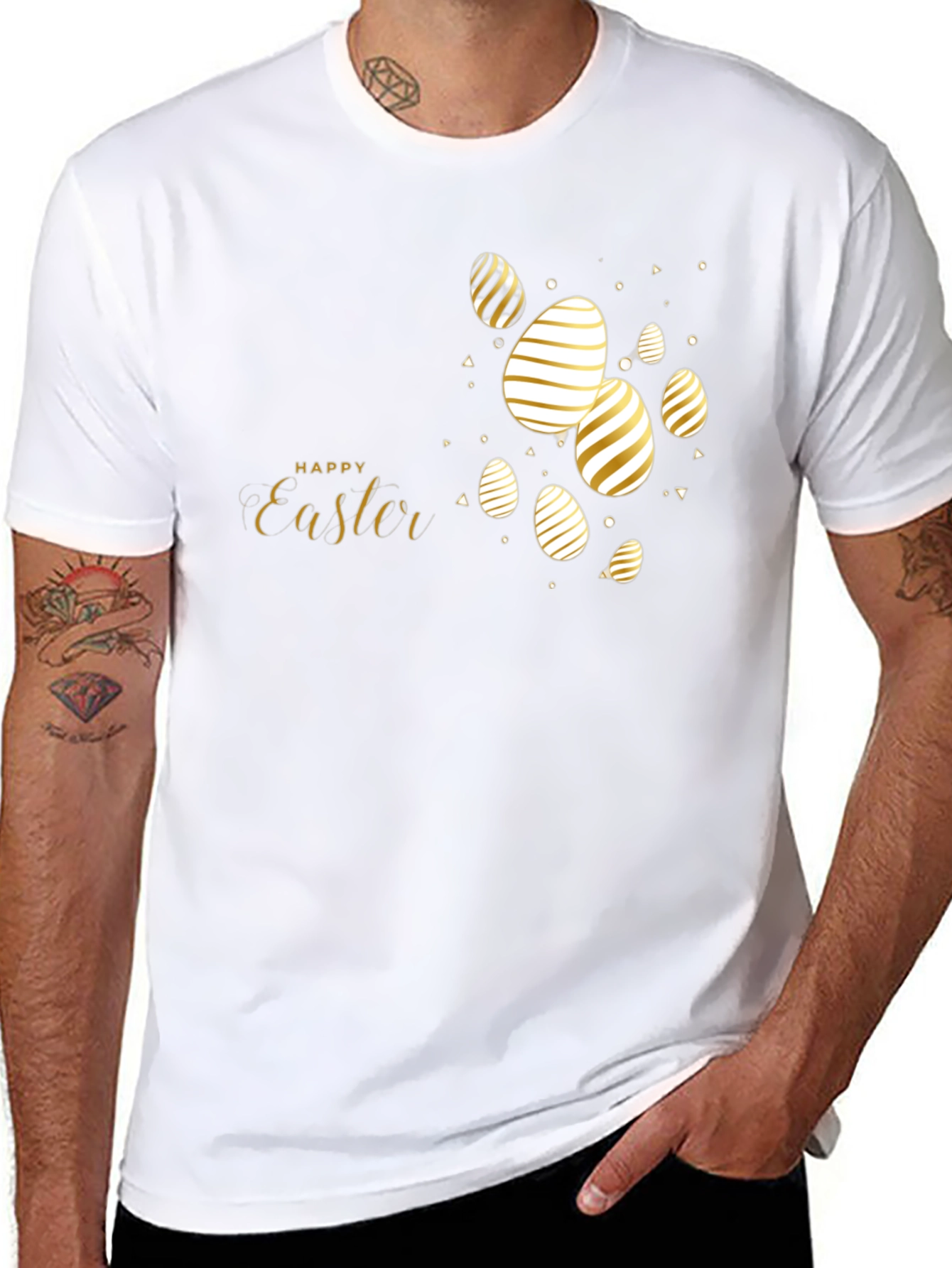 Happy Easter Black T-Shirt with Gold Eggs