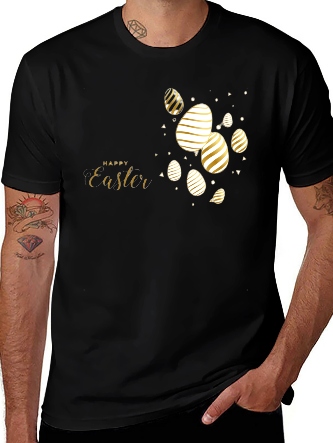Happy Easter Black T-Shirt with Gold Eggs