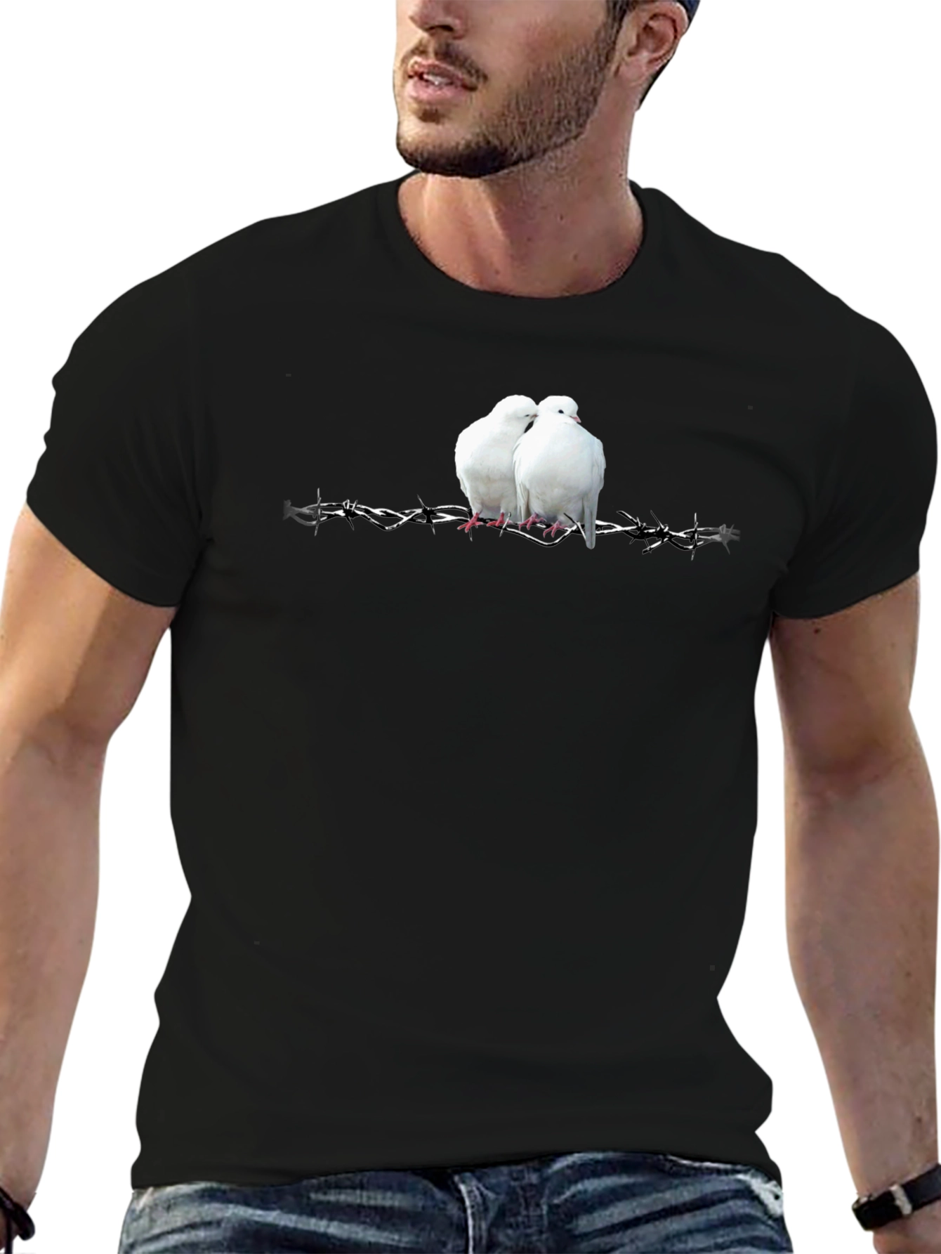 Doves on Barbed Wire Graphic Tee - Black