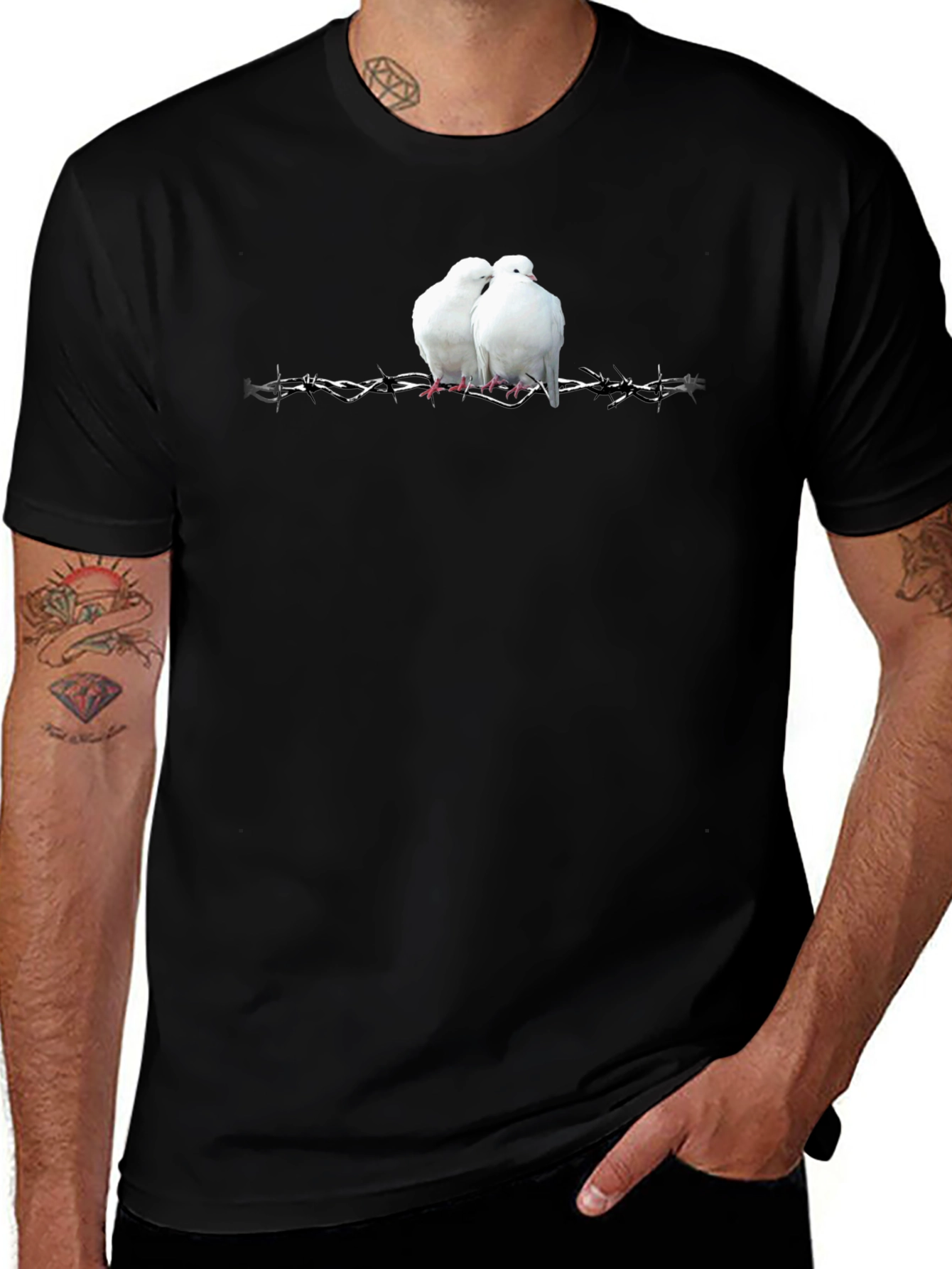 Doves on Barbed Wire Graphic Tee - Black