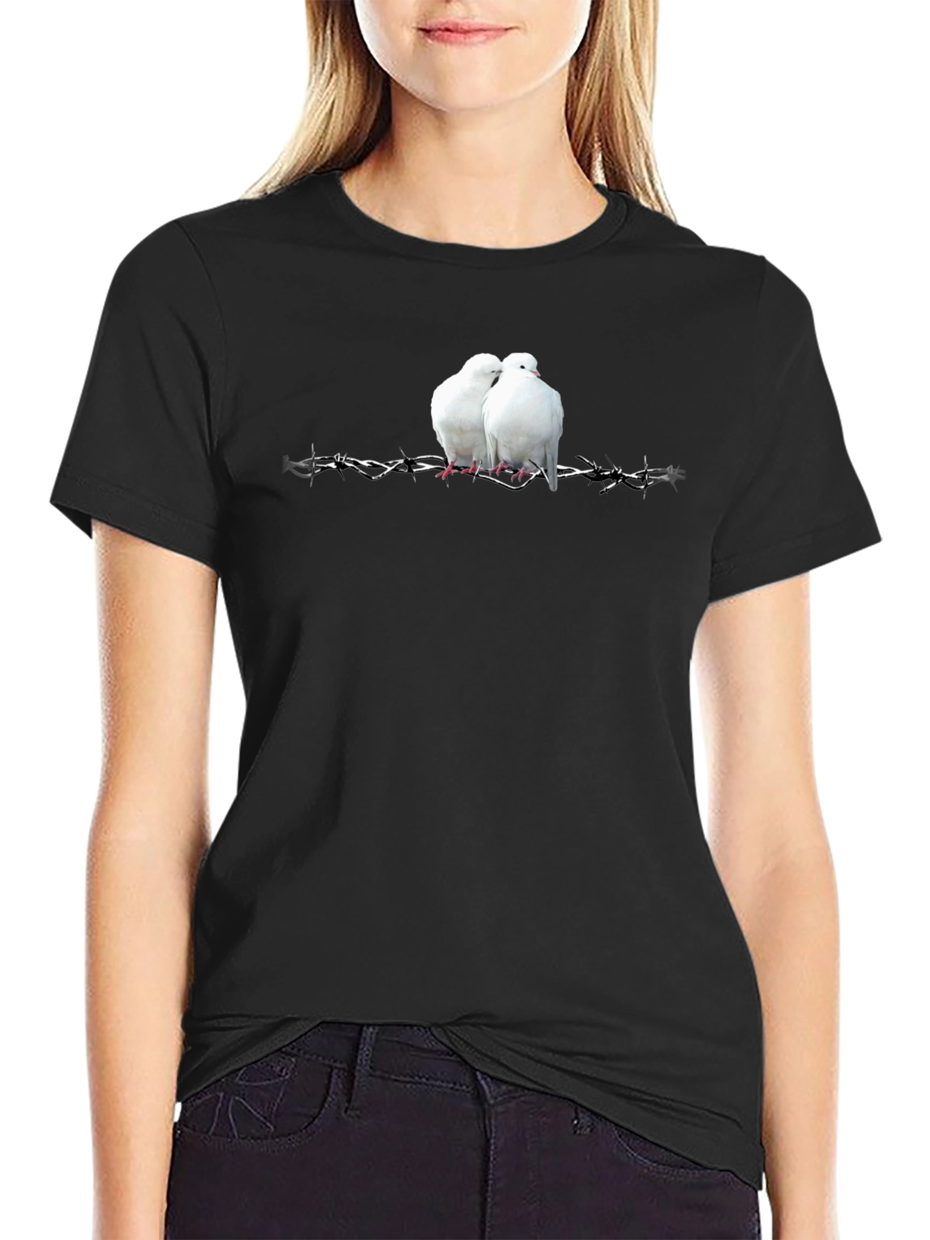 Doves on Barbed Wire Graphic Tee - Black