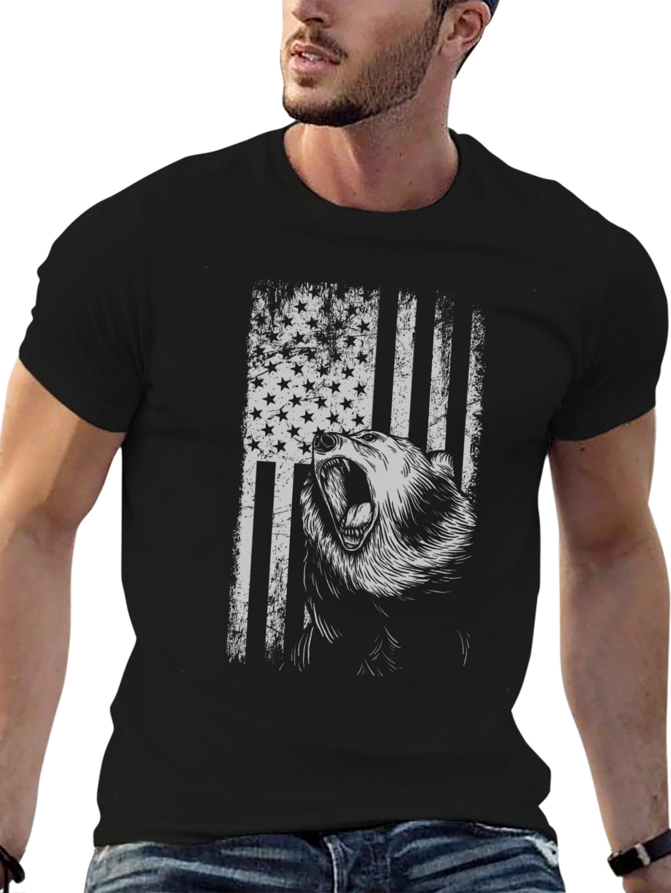 Grizzly Bear American Flag Graphic T-Shirt