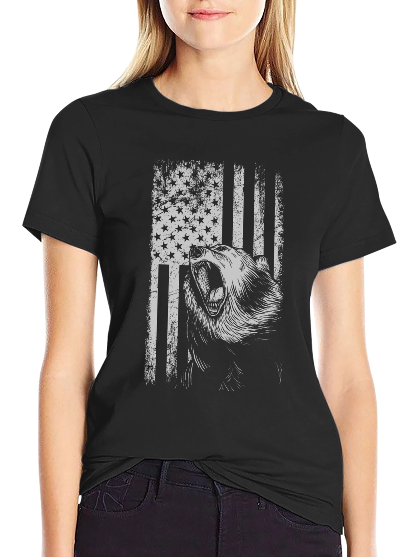 Grizzly Bear American Flag Graphic T-Shirt
