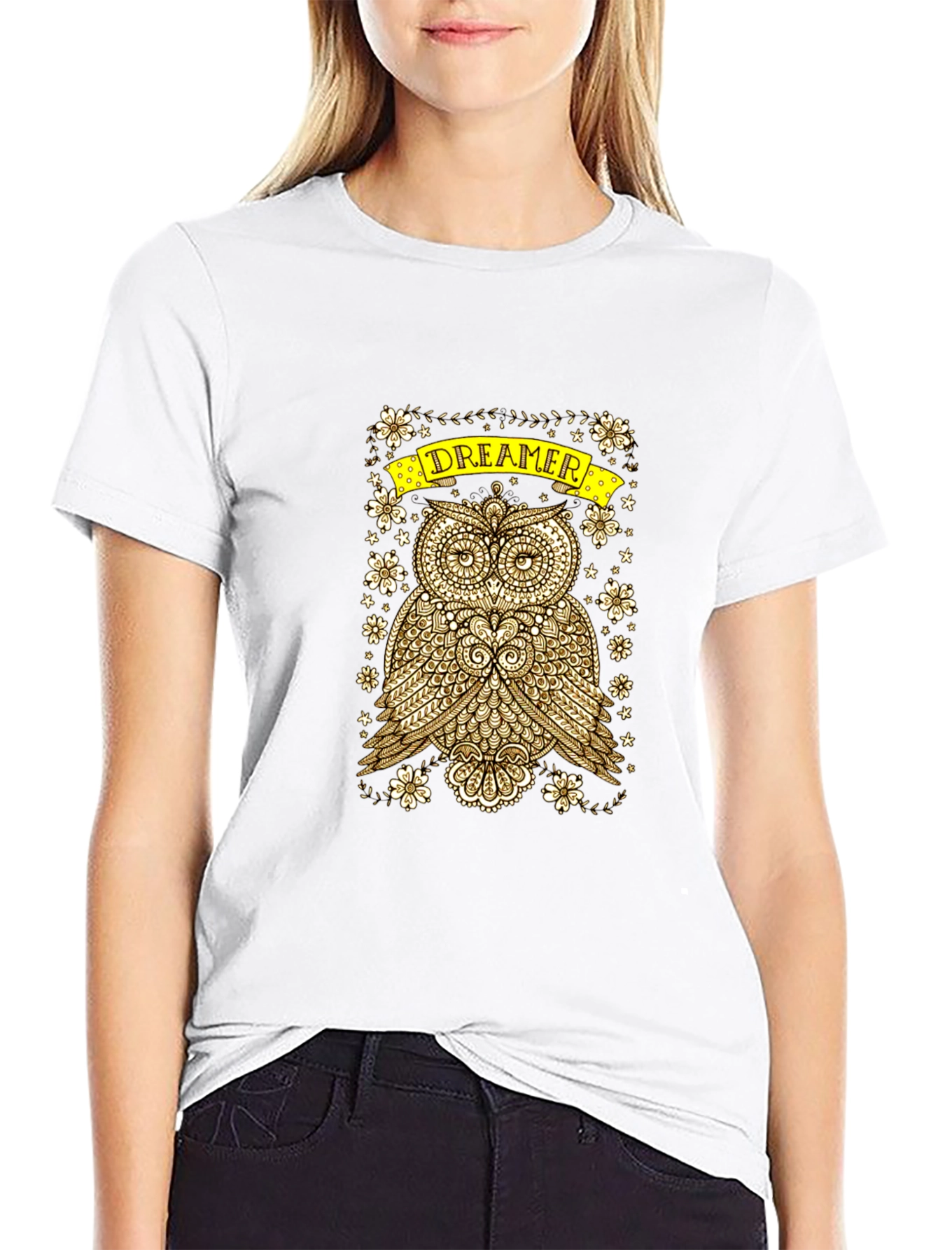Dreamer Owl Graphic Print Black T-Shirt