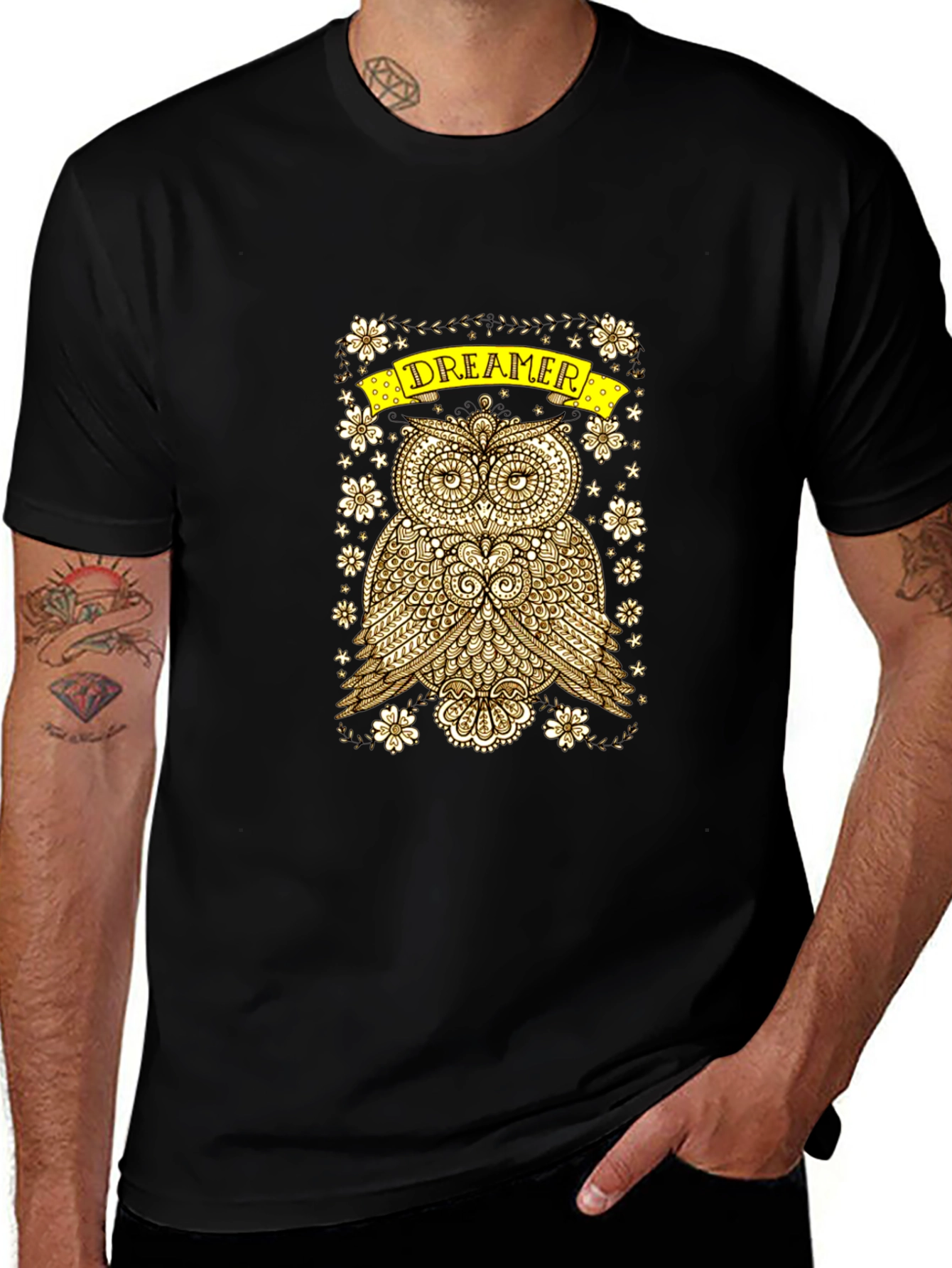 Dreamer Owl Graphic Print Black T-Shirt