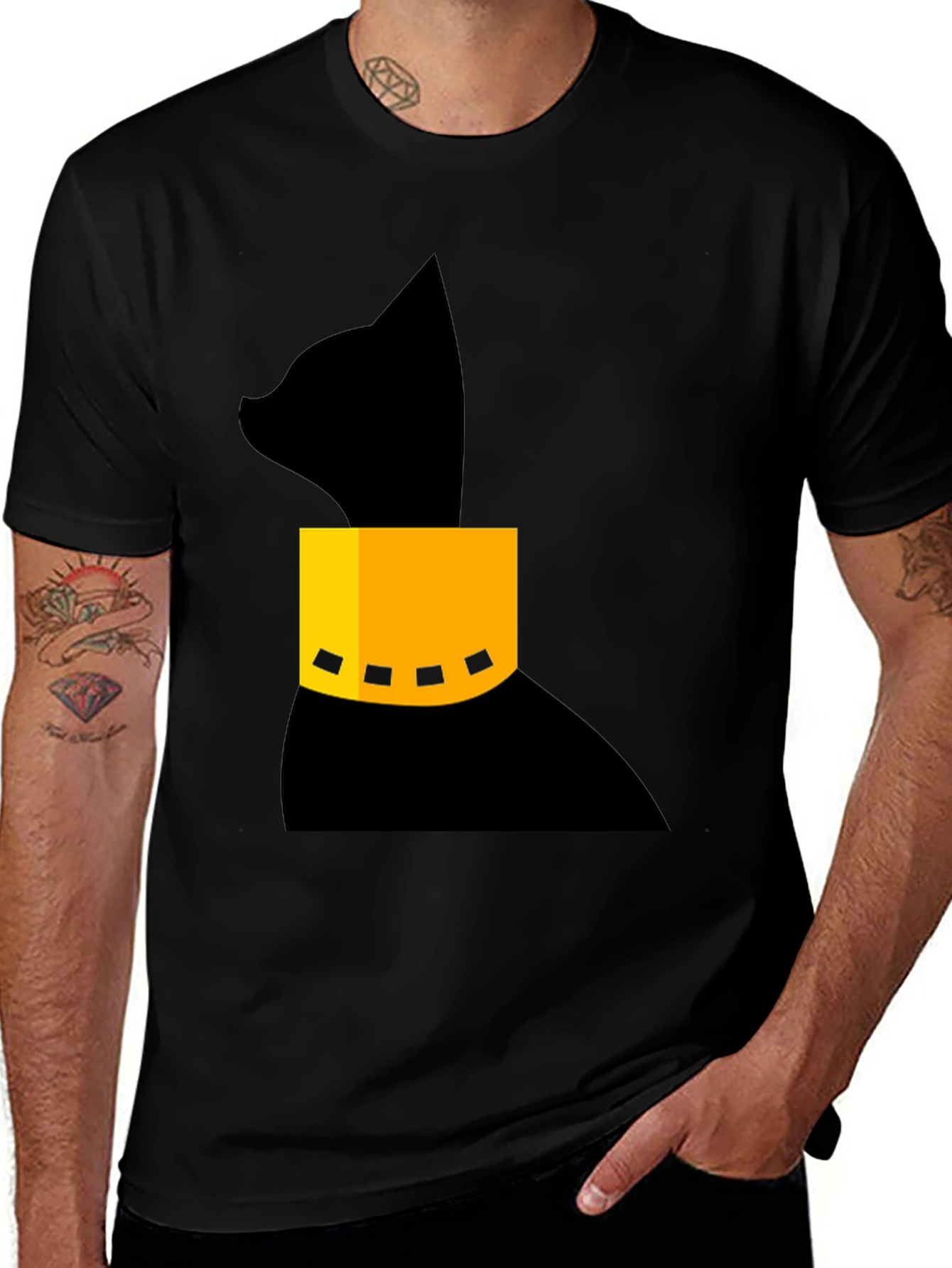 Modern Black Cat T-Shirt with Geometric Collar