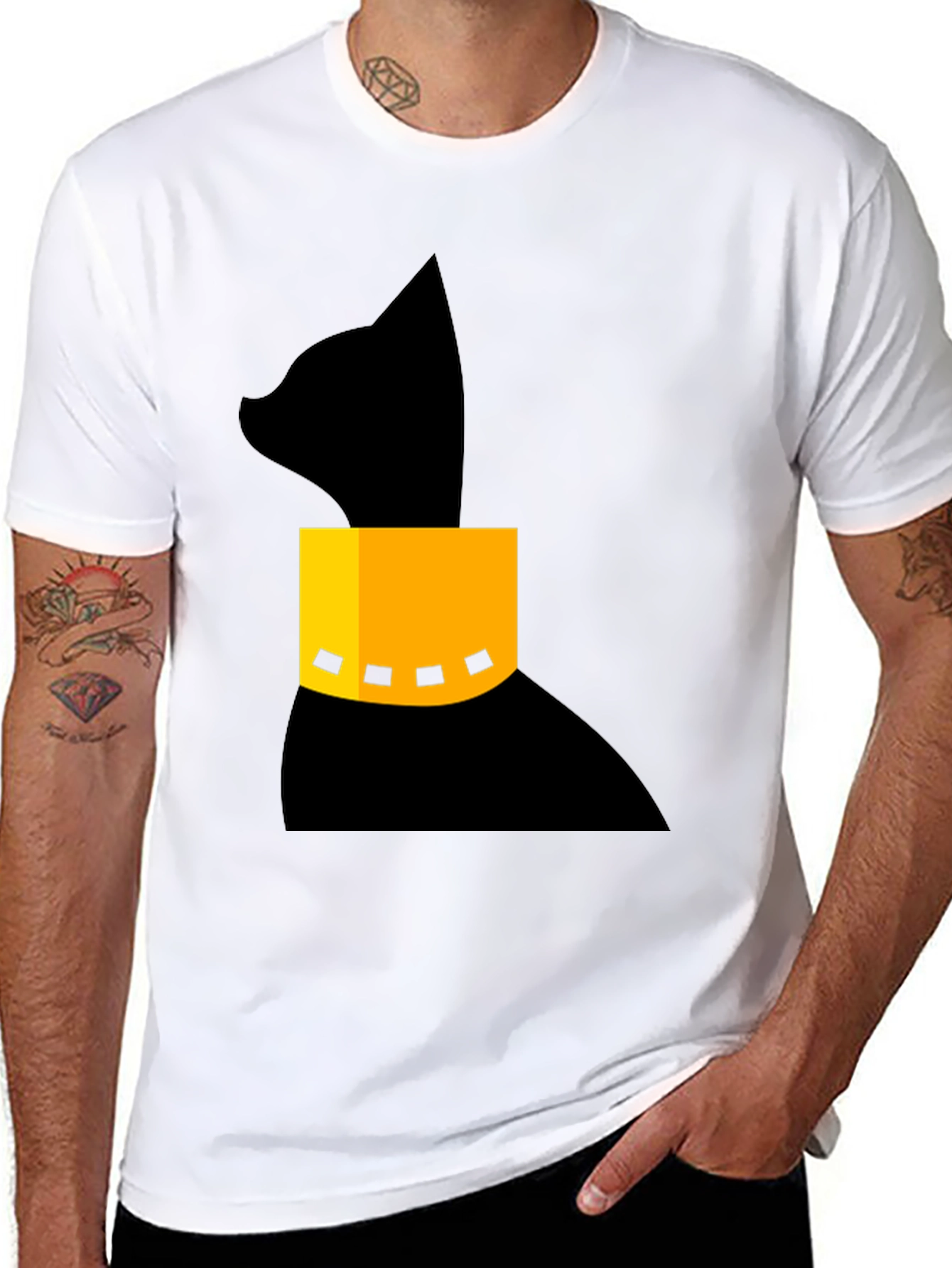 Modern Black Cat T-Shirt with Geometric Collar