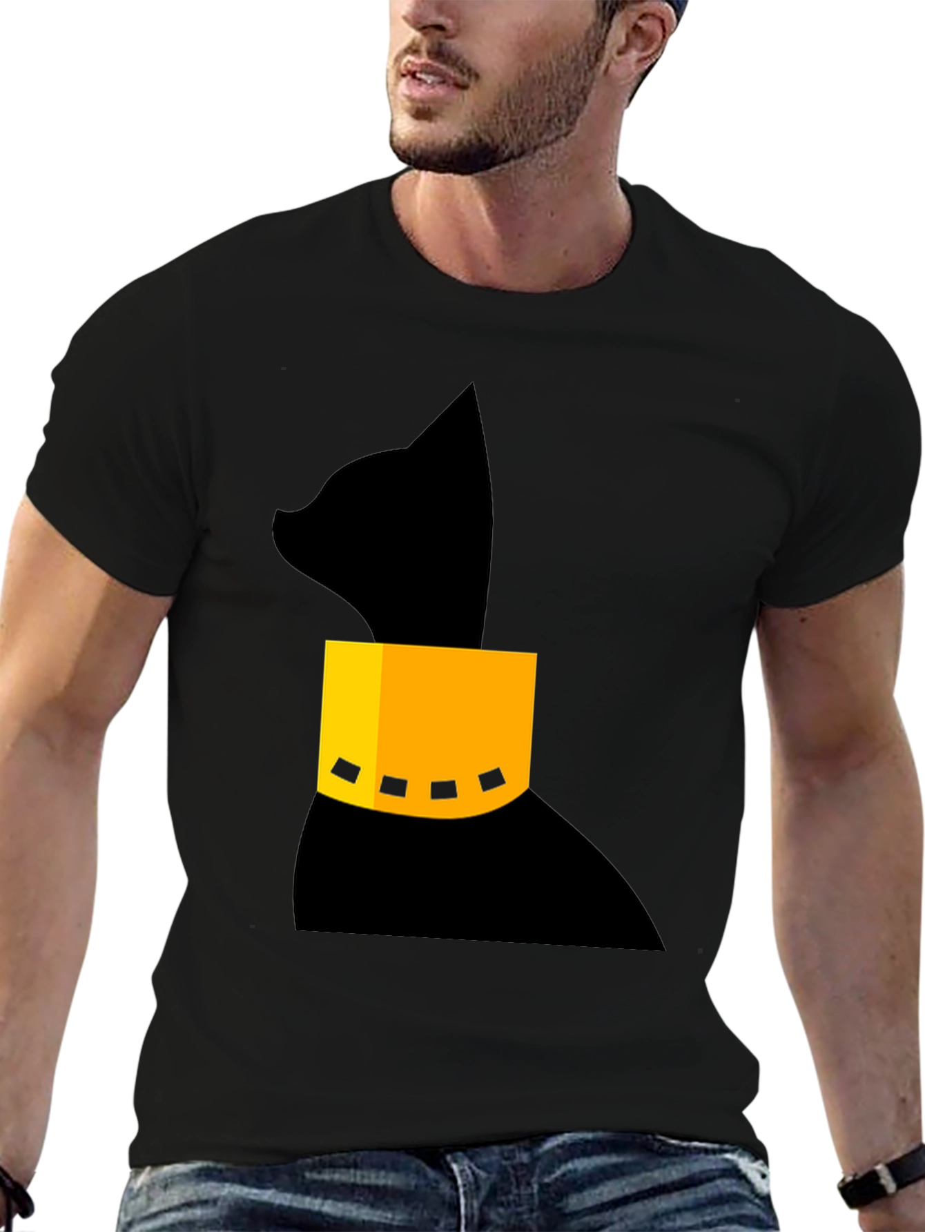 Modern Black Cat T-Shirt with Geometric Collar