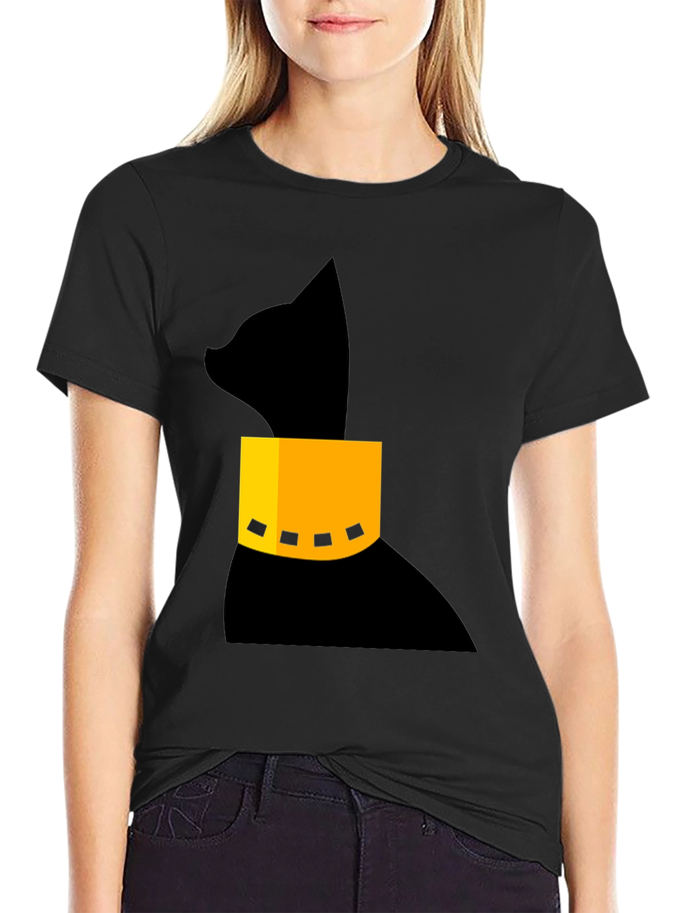 Modern Black Cat T-Shirt with Geometric Collar
