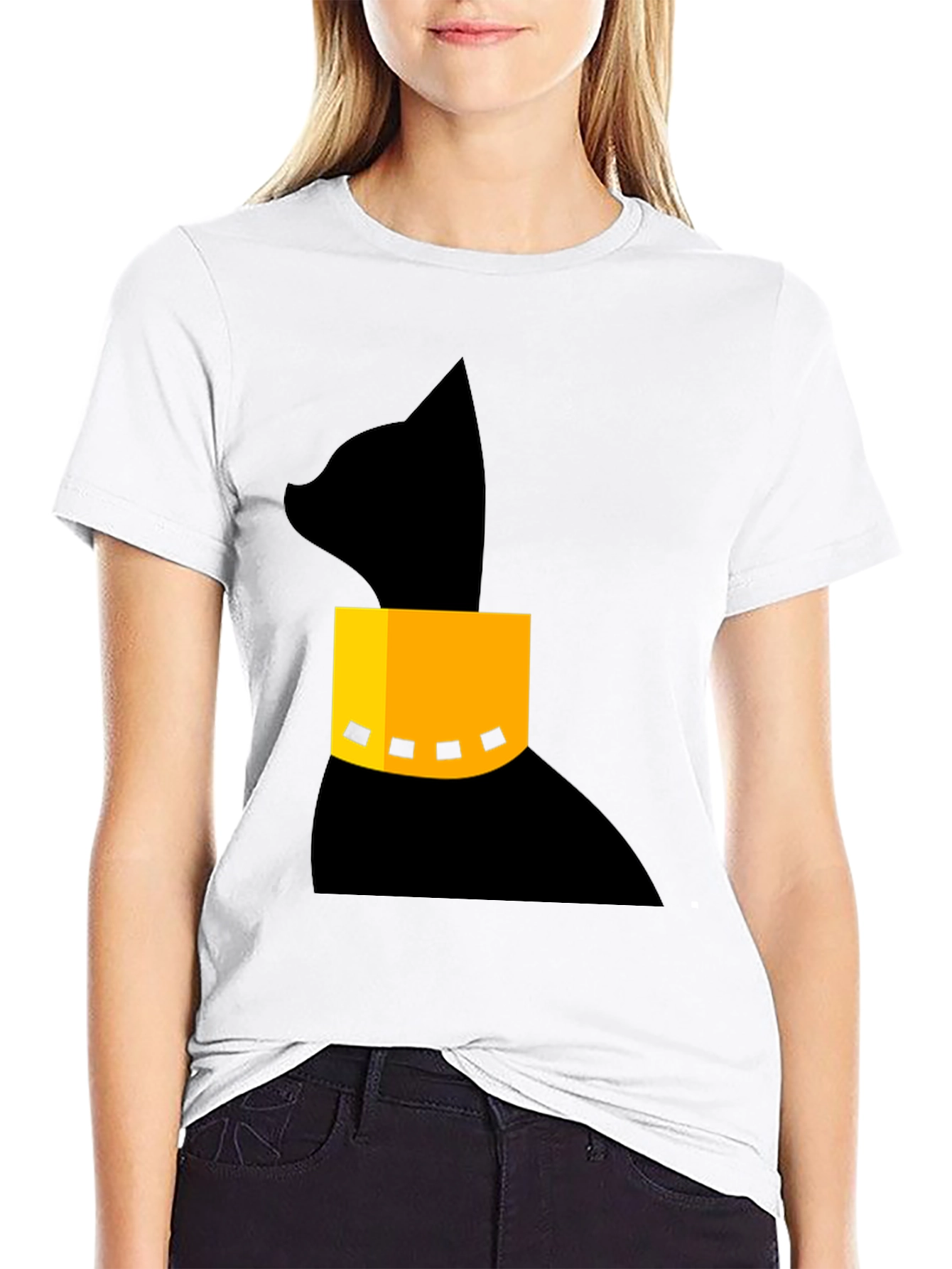 Modern Black Cat T-Shirt with Geometric Collar