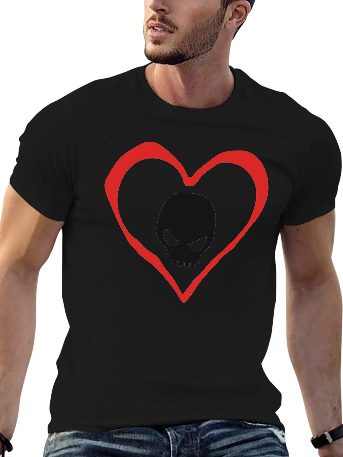 Black T-Shirt with Red Heart Outline