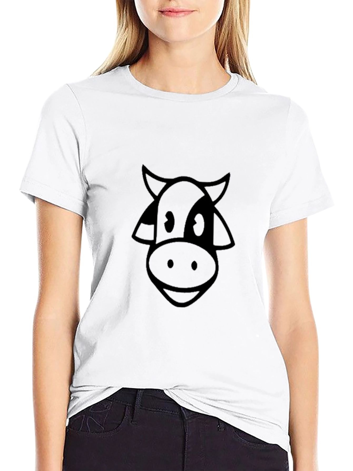 Cartoon Cow Graphic Tee - Black Casual T-Shirt