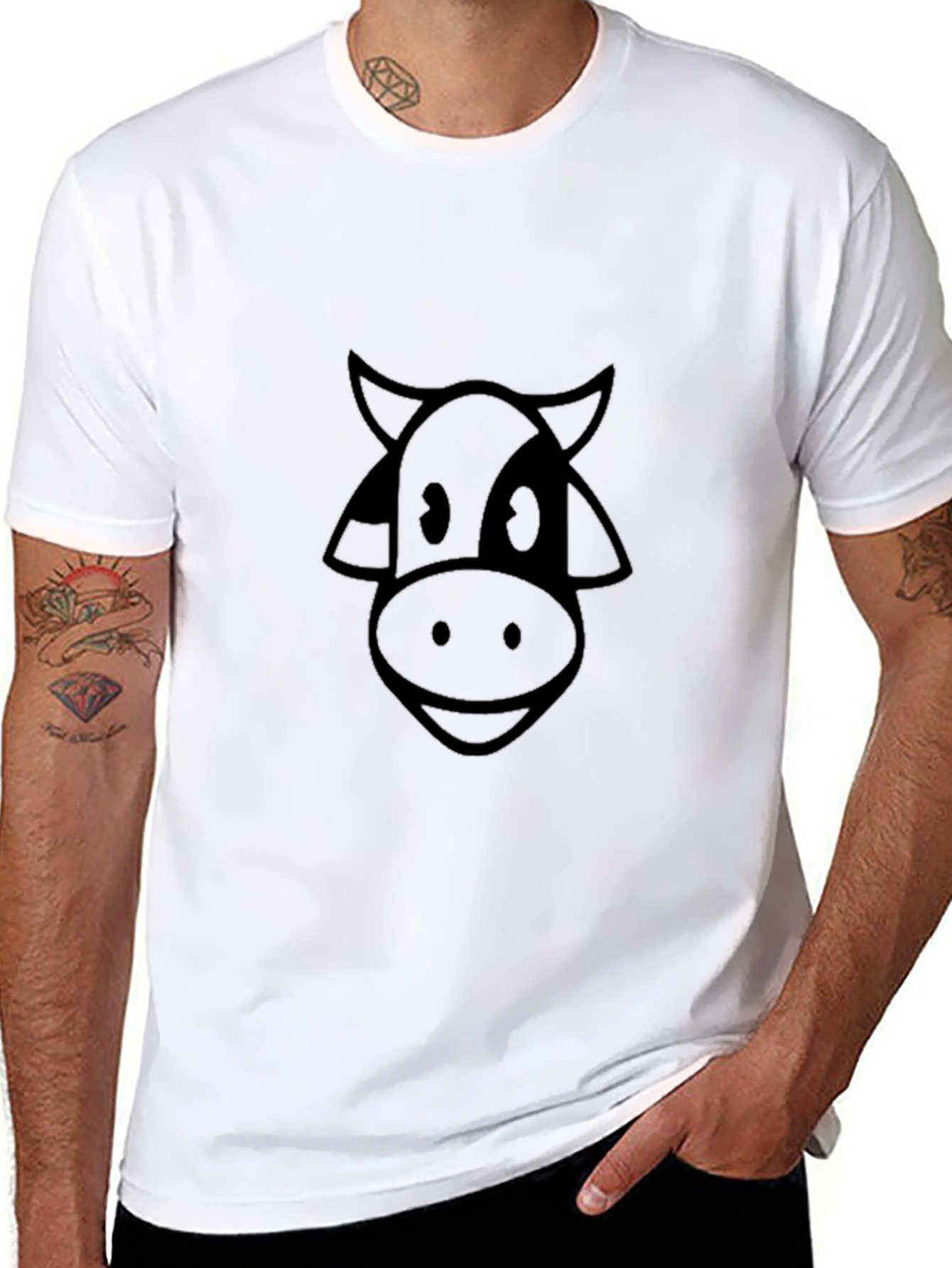 Cartoon Cow Graphic Tee - Black Casual T-Shirt