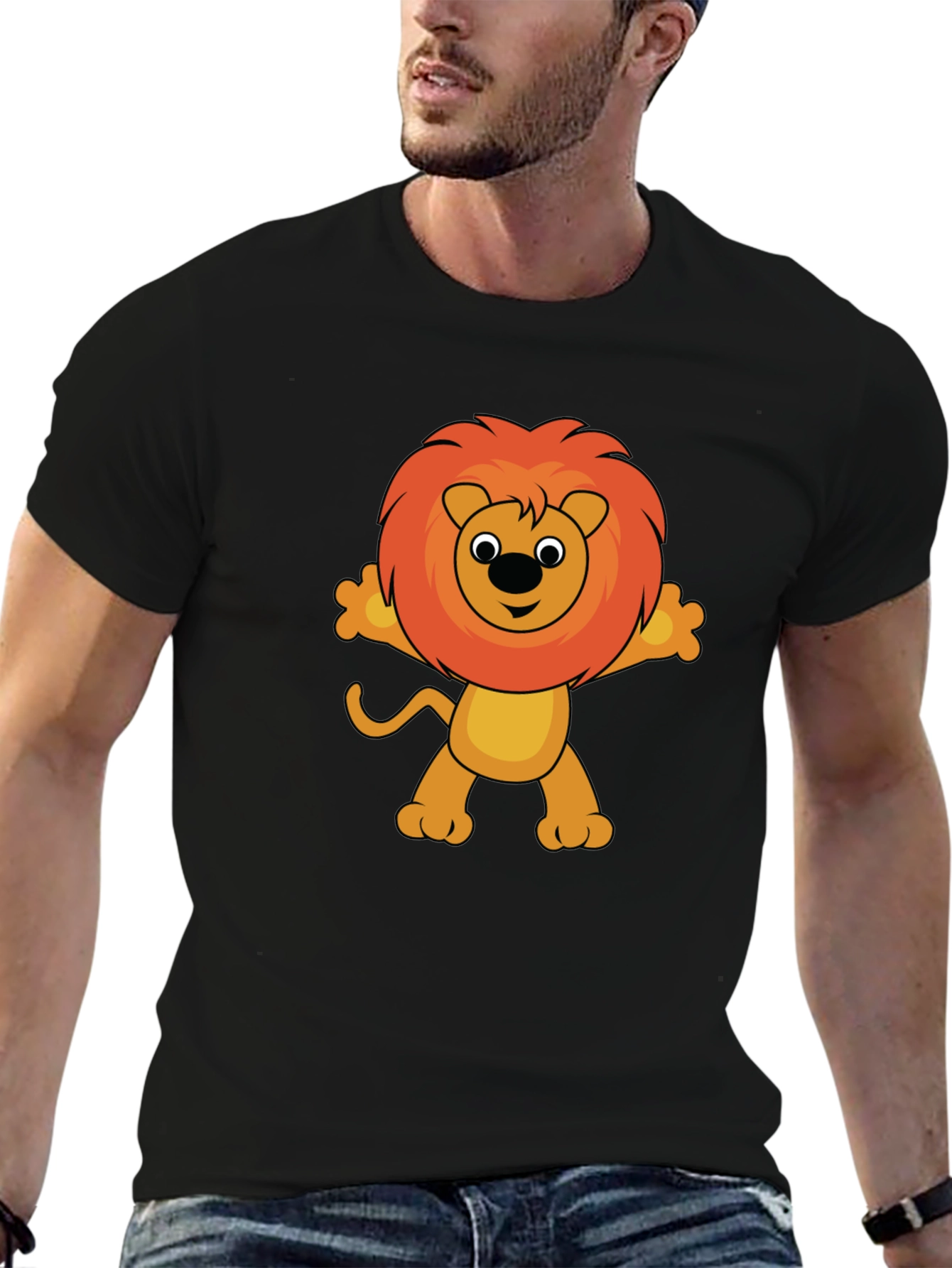 Cute Cartoon Lion Graphic T-Shirt - Black