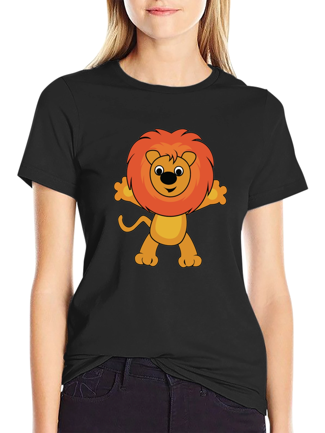Cute Cartoon Lion Graphic T-Shirt - Black