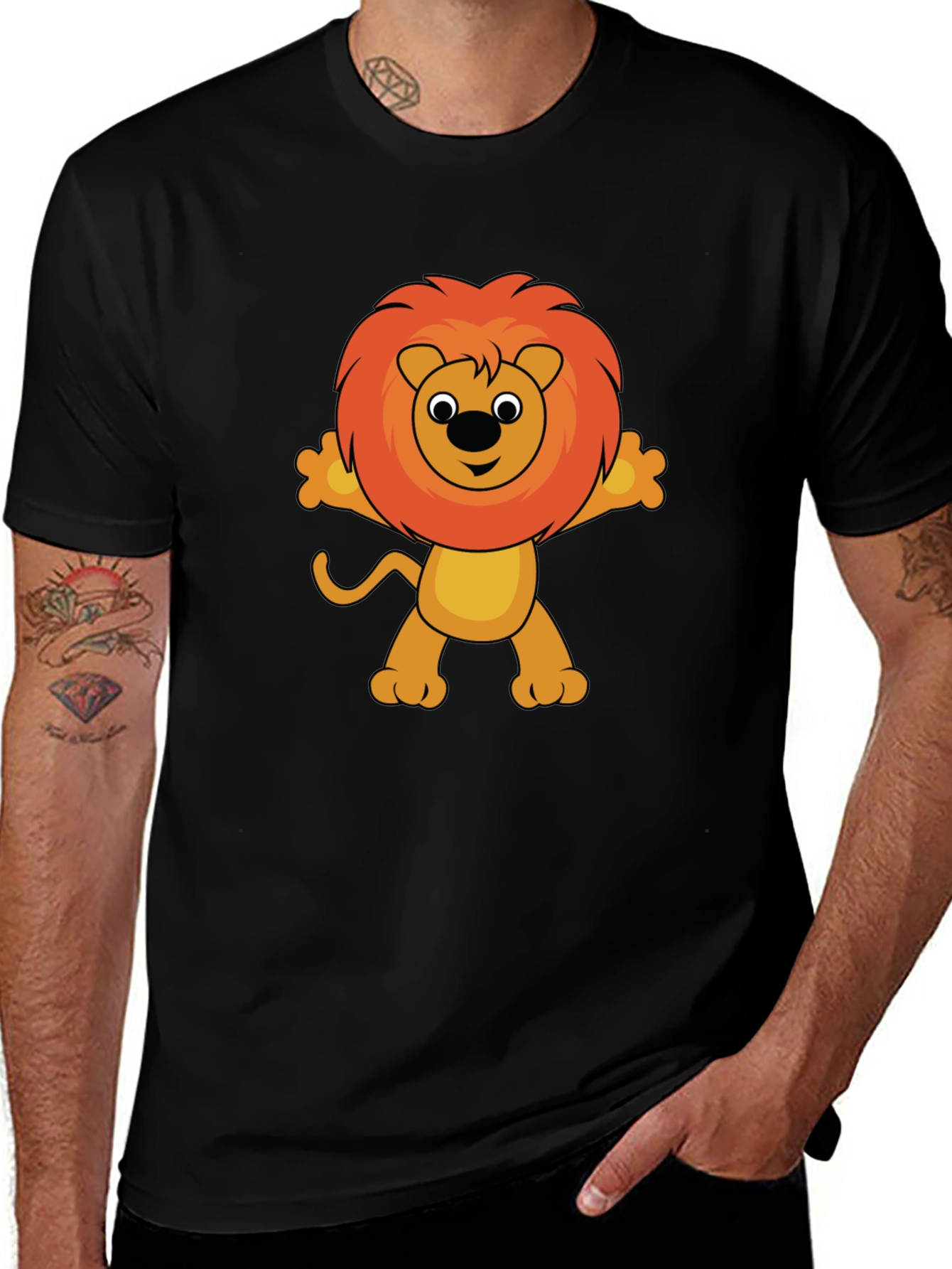 Cute Cartoon Lion Graphic T-Shirt - Black